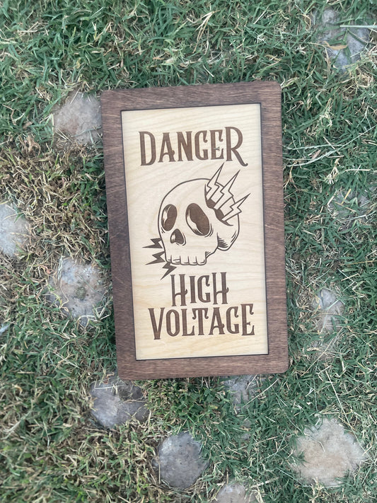 Danger High Voltage Skull Wood Engraved Sign with Electrical Lightning Bolts | Lineman Decor & Gifts