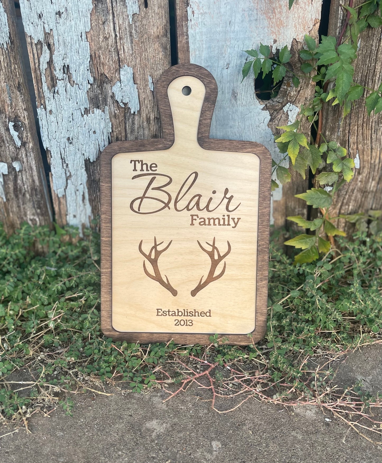 Hunter Custom Family Name and Year with Deer Antler Cutting Board Style Sign | Farmhouse & Country Kitchen Decor |