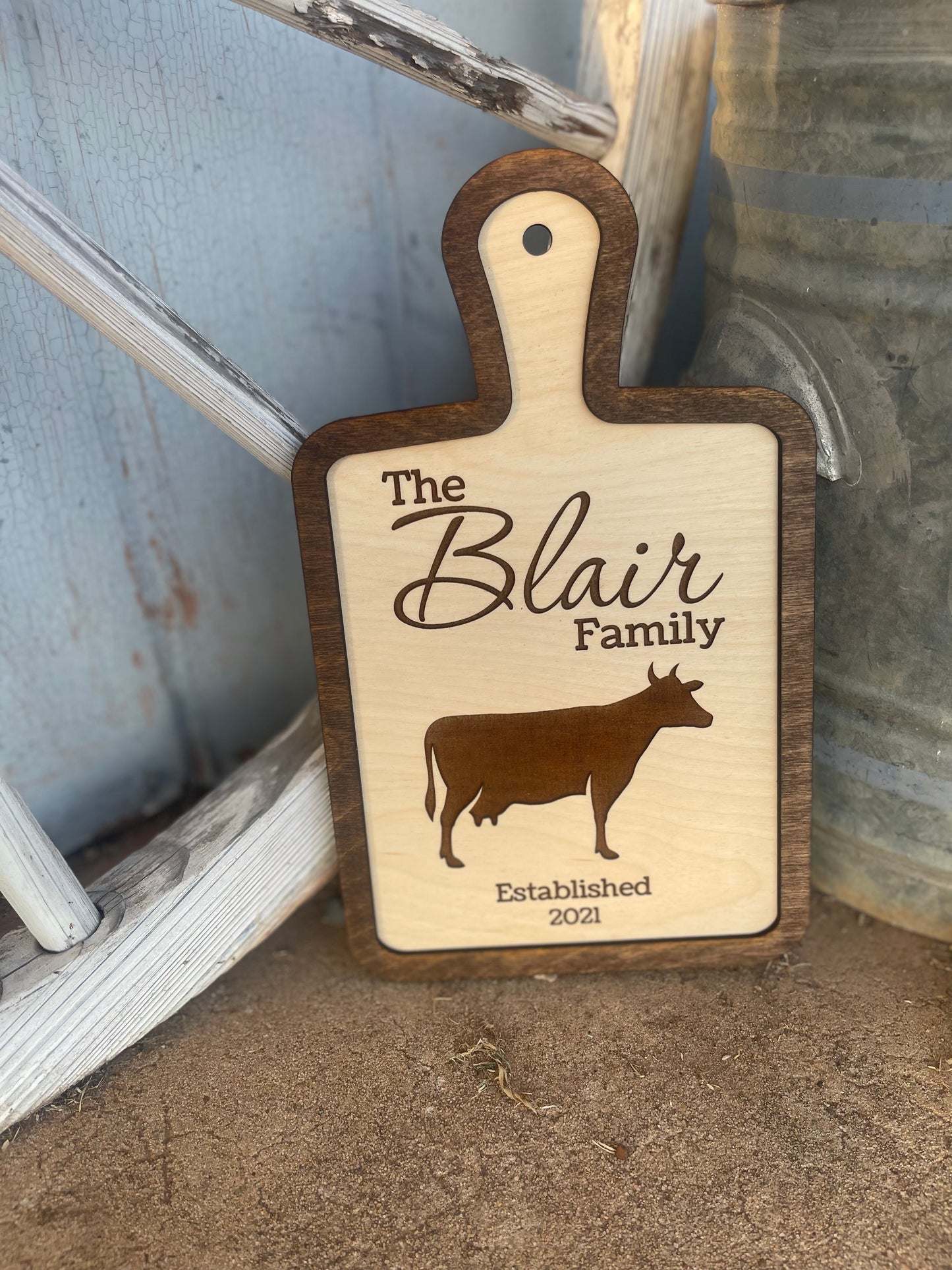 Custom Cutting Board Style Cow Farmhouse Sign with Family Name | Personalized Wedding, Bridal Shower, & Housewarming Gift