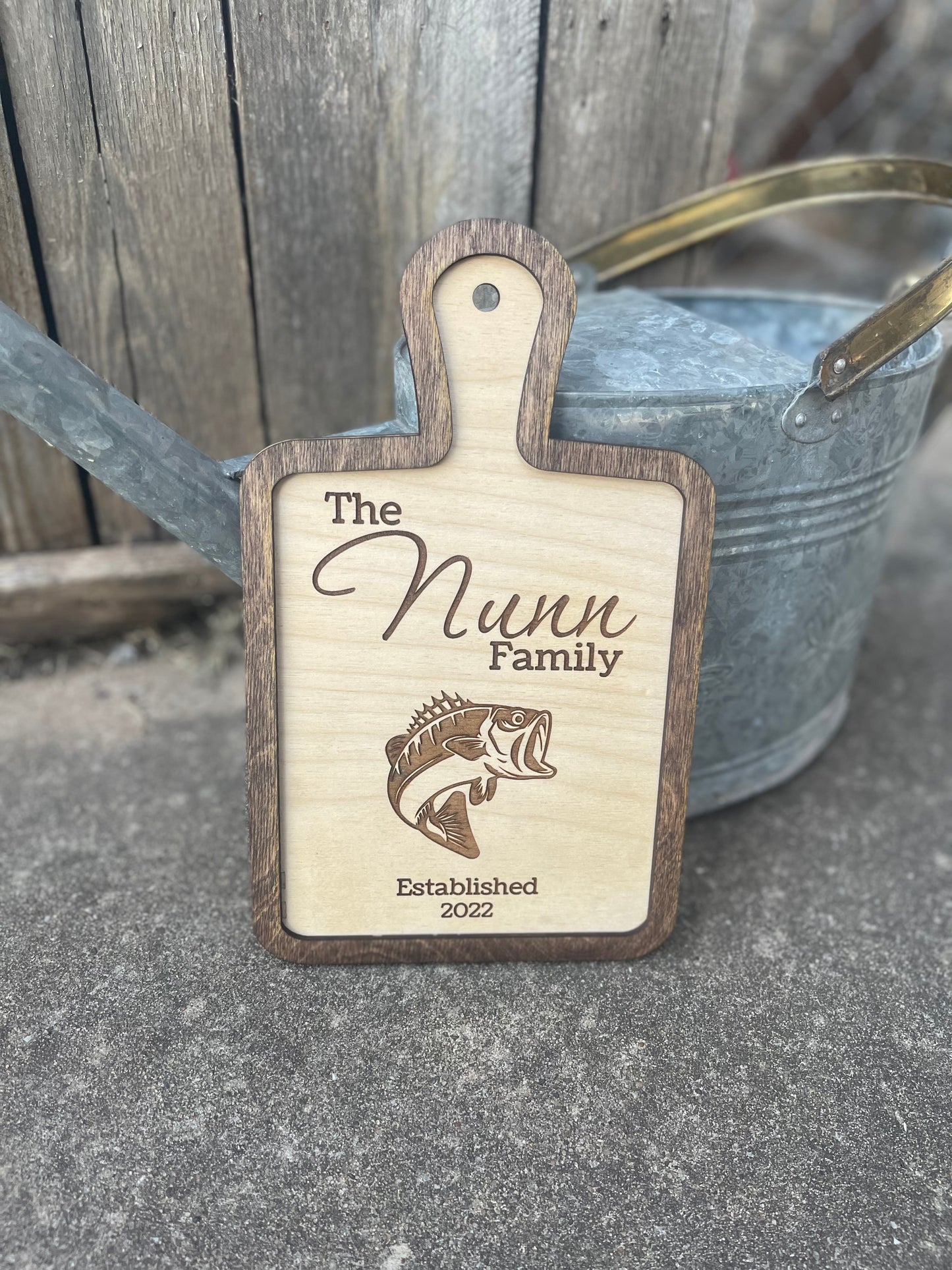 Personalized Fish Cutting Board Sign | Custom Family Name & Year | Bass Silhouette | Engraved Wooden Sign | Rustic Kitchen Decor | Wedding & Housewarming Gift