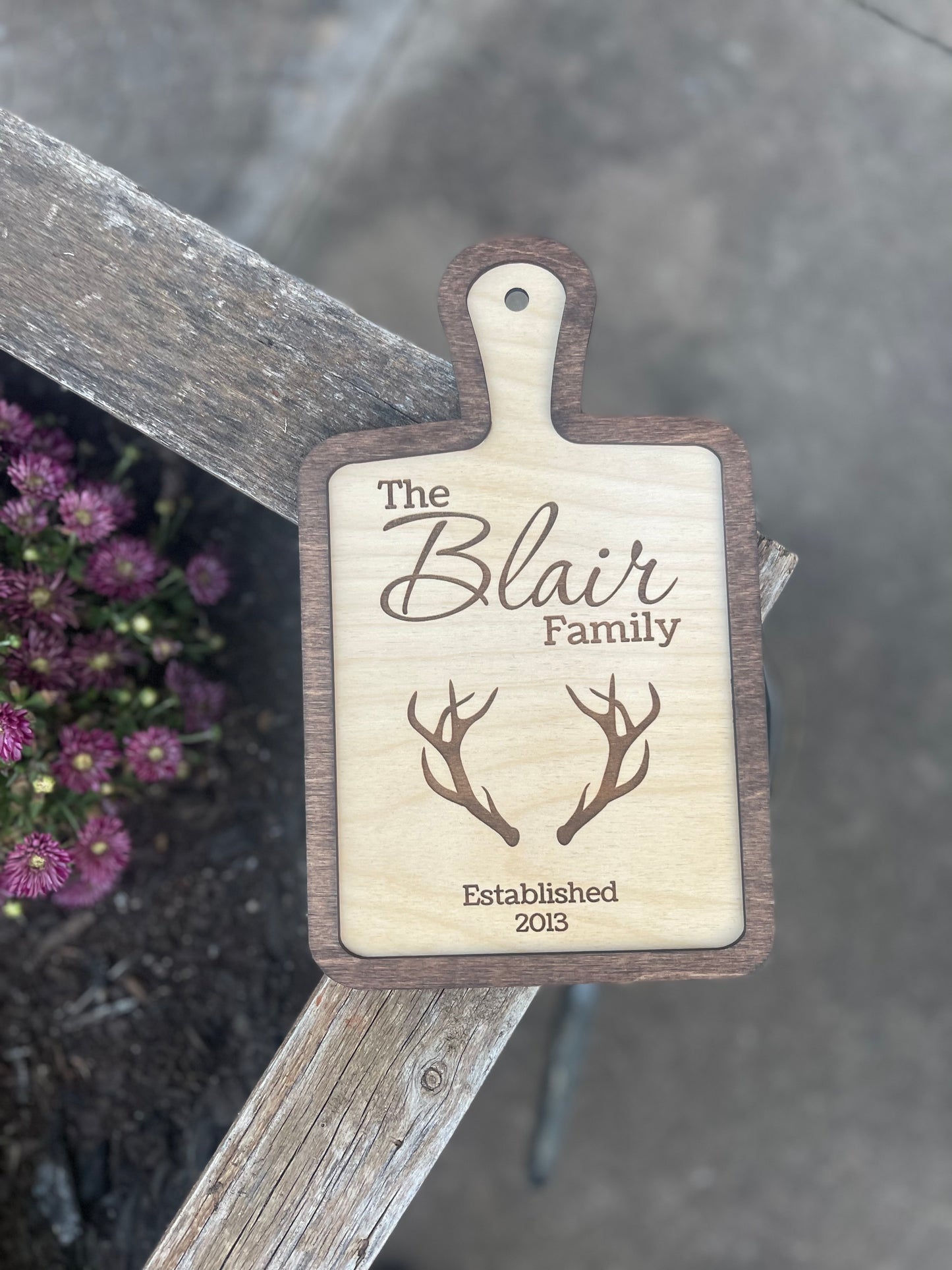 Hunter Custom Family Name and Year with Deer Antler Cutting Board Style Sign | Farmhouse & Country Kitchen Decor |