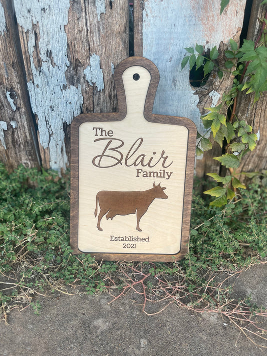 Custom Cutting Board Style Cow Farmhouse Sign with Family Name | Personalized Wedding, Bridal Shower, & Housewarming Gift