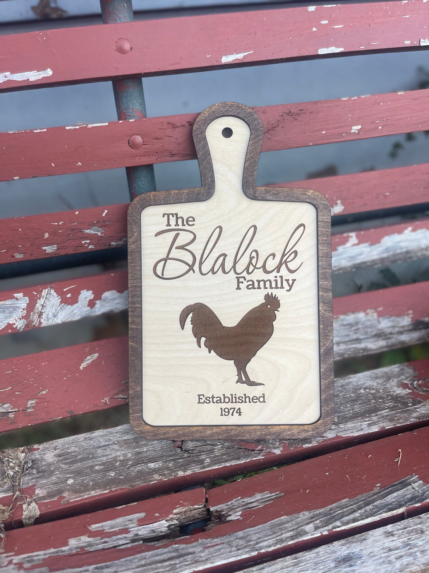 Family Name and Year Custom Chicken Rooster Cutting Board Style Sign | Rustic Farmhouse Country Kitchen Decor | Wedding & Housewarming Gift