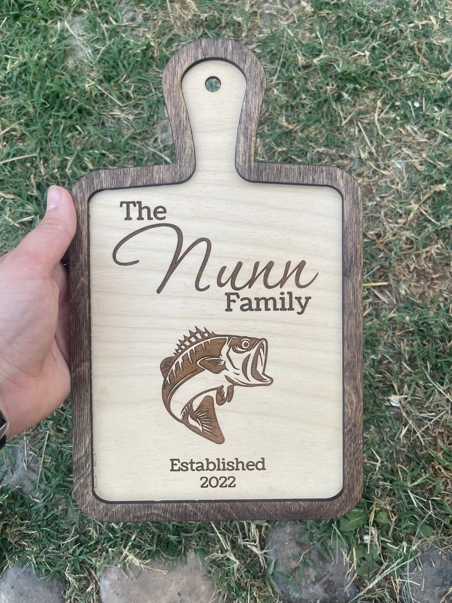 Personalized Fish Cutting Board Sign | Custom Family Name & Year | Bass Silhouette | Engraved Wooden Sign | Rustic Kitchen Decor | Wedding & Housewarming Gift