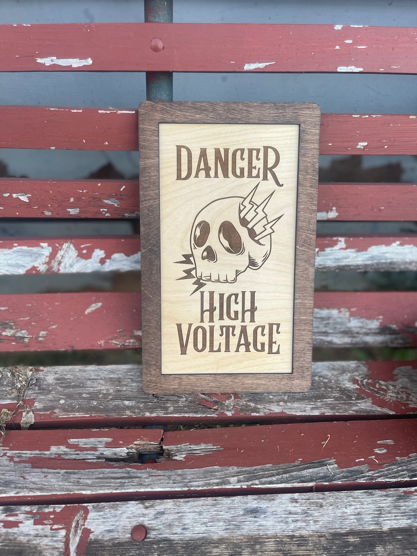 Danger High Voltage Skull Wood Engraved Sign with Electrical Lightning Bolts | Lineman Decor & Gifts