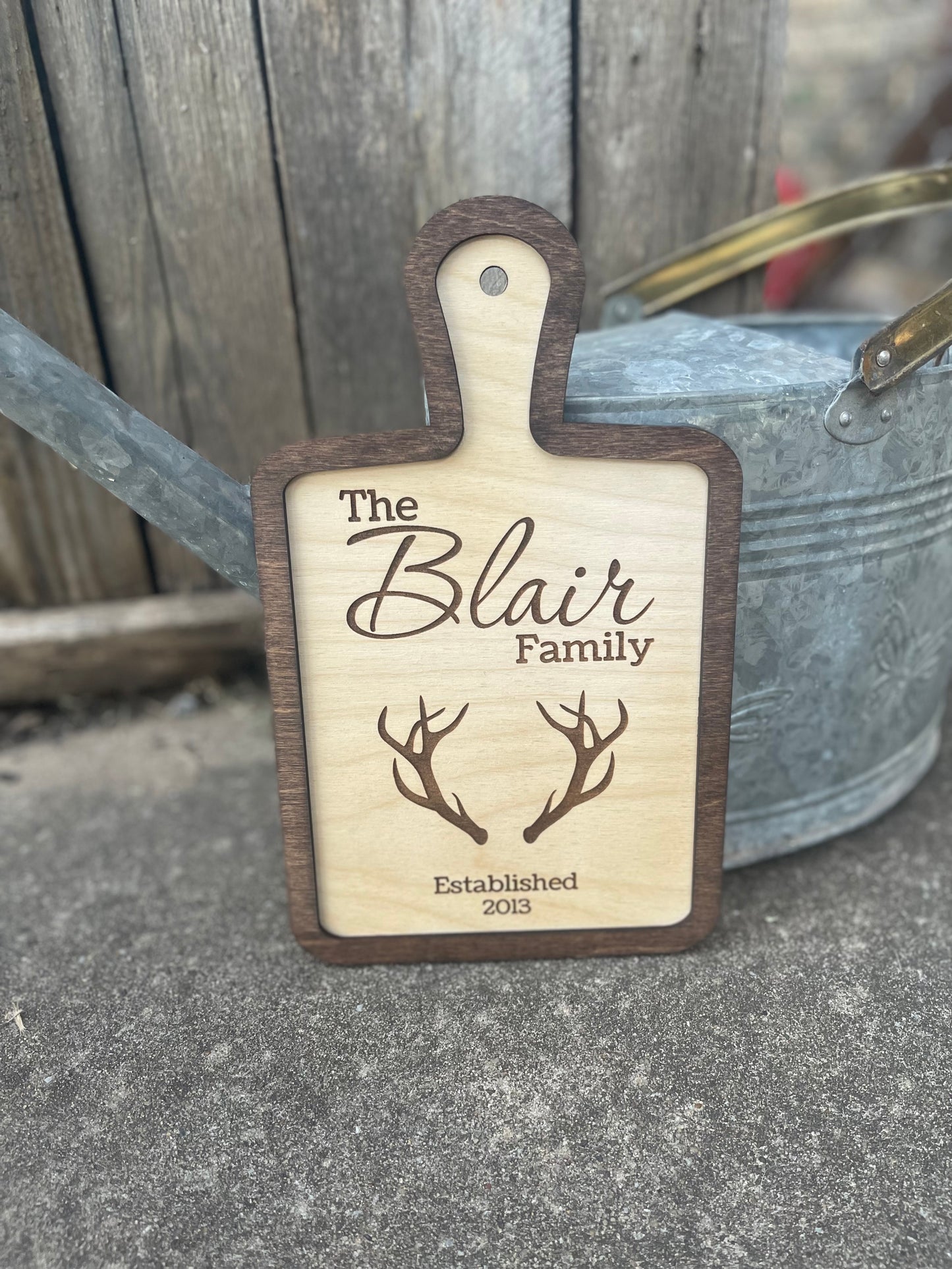 Hunter Custom Family Name and Year with Deer Antler Cutting Board Style Sign | Farmhouse & Country Kitchen Decor |