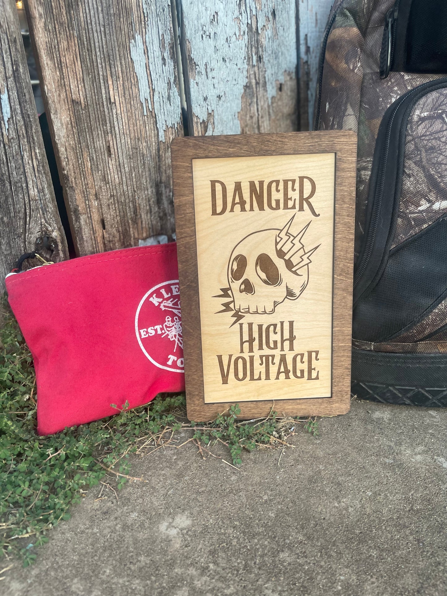 Danger High Voltage Skull Wood Engraved Sign with Electrical Lightning Bolts | Lineman Decor & Gifts