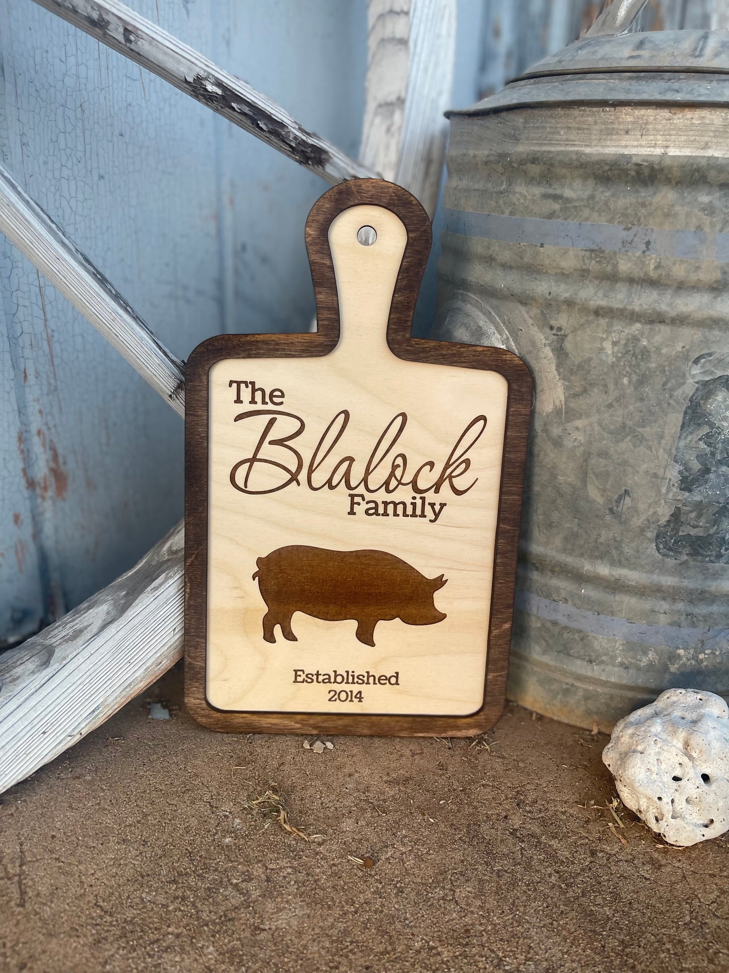 Custom Name and Year Pig Cutting Board Style Sign | Rustic Country Farmhouse Decor | Personalized Wood Engraved Swine Sign | Housewarming & Wedding Gift