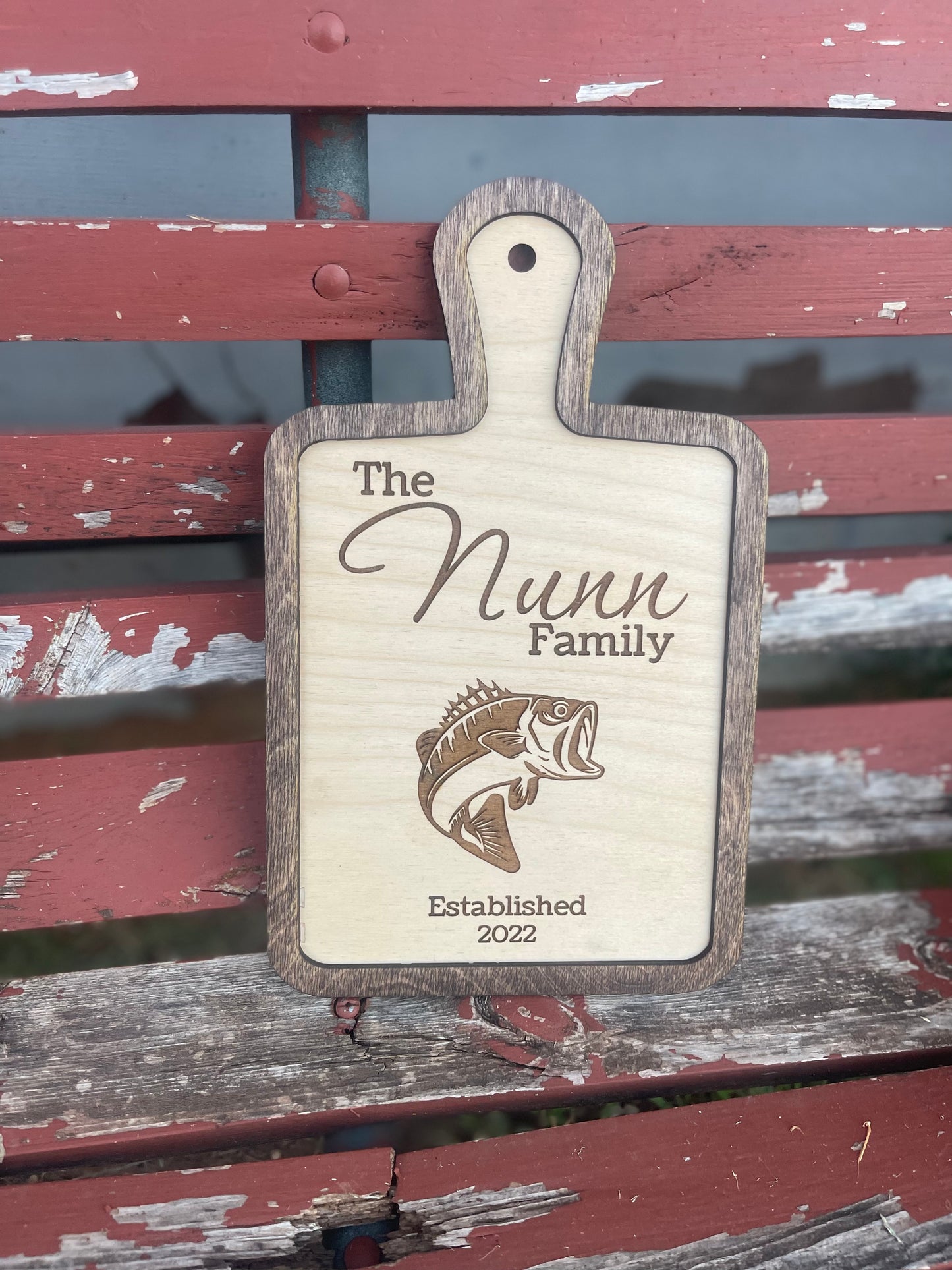 Personalized Fish Cutting Board Sign | Custom Family Name & Year | Bass Silhouette | Engraved Wooden Sign | Rustic Kitchen Decor | Wedding & Housewarming Gift