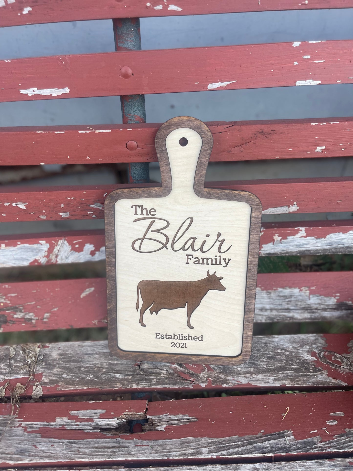 Custom Cutting Board Style Cow Farmhouse Sign with Family Name | Personalized Wedding, Bridal Shower, & Housewarming Gift