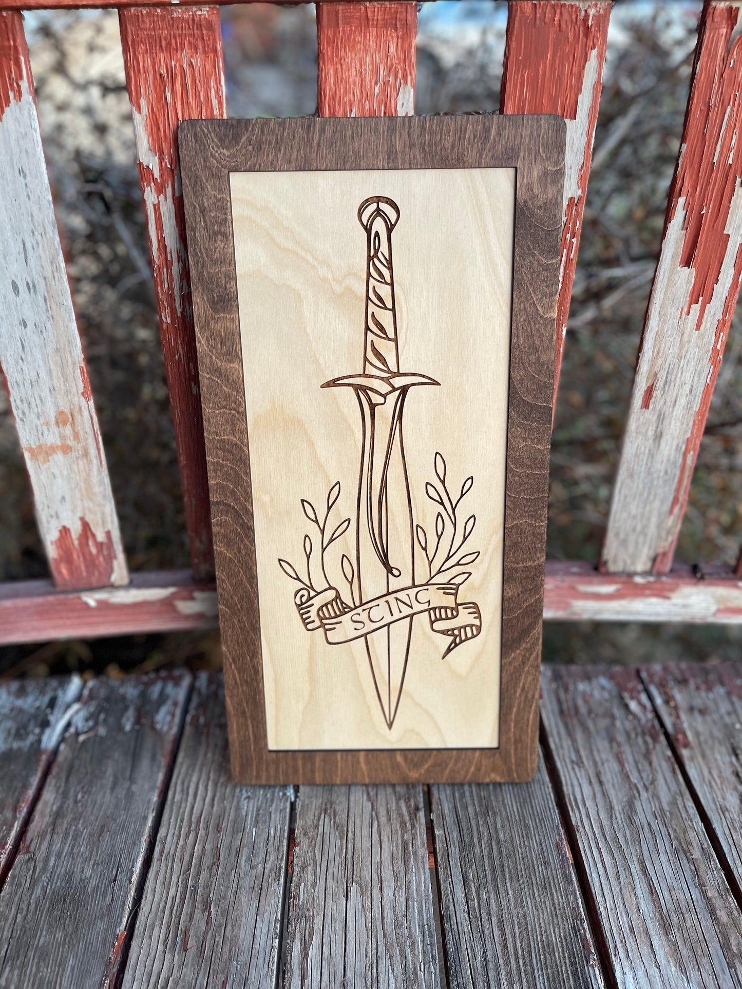 Fantasy Ring & Shire Blade Sword Wood Engraved Sign - Man Cave Decor