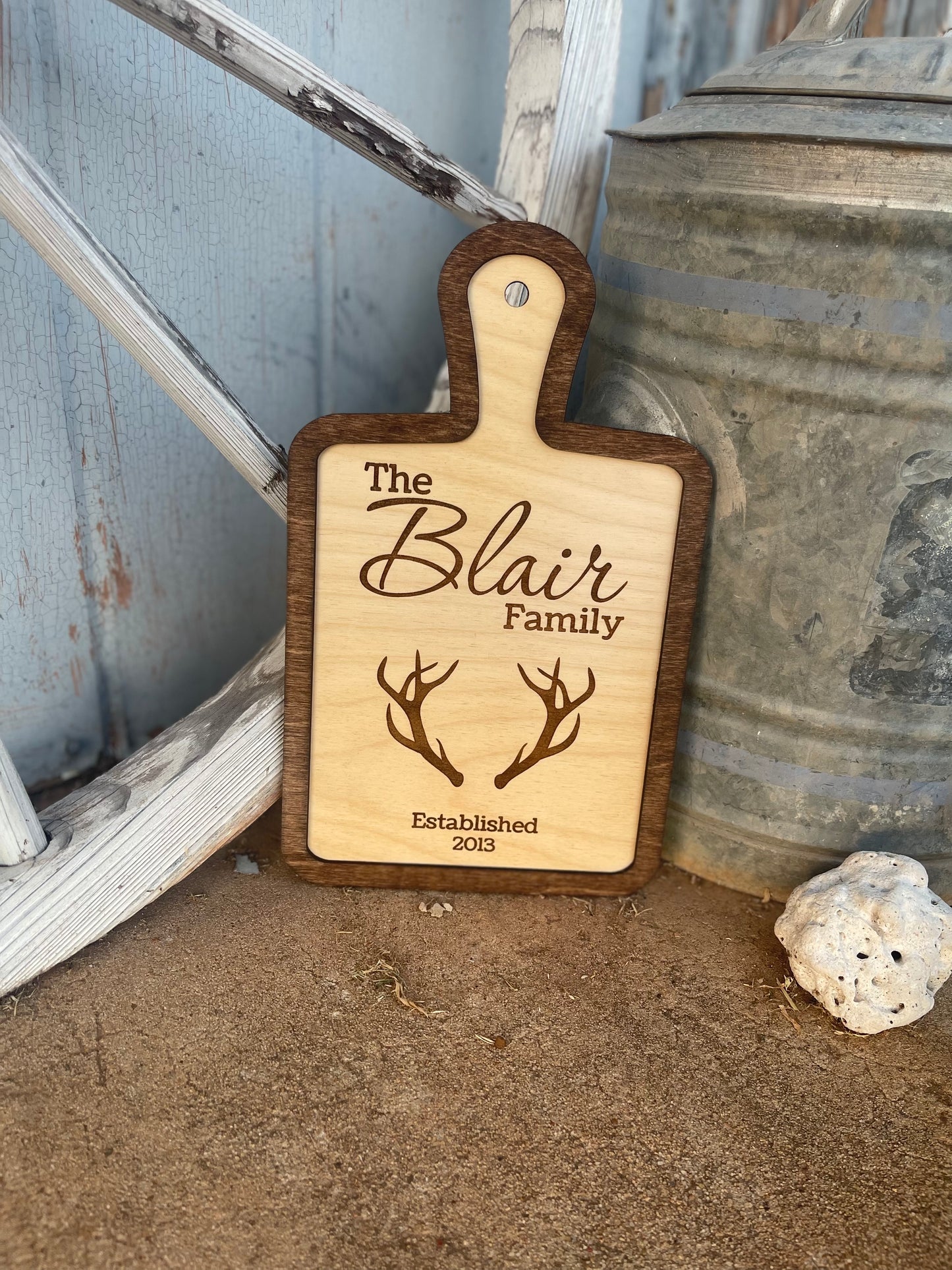 Hunter Custom Family Name and Year with Deer Antler Cutting Board Style Sign | Farmhouse & Country Kitchen Decor |