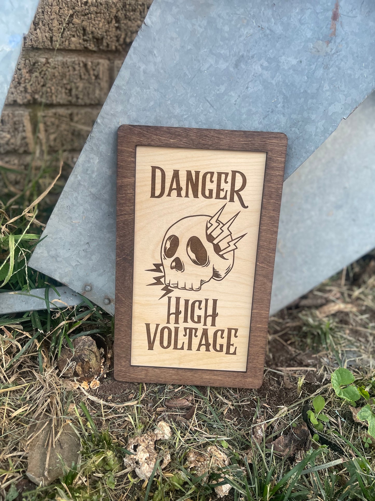 Danger High Voltage Skull Wood Engraved Sign with Electrical Lightning Bolts | Lineman Decor & Gifts