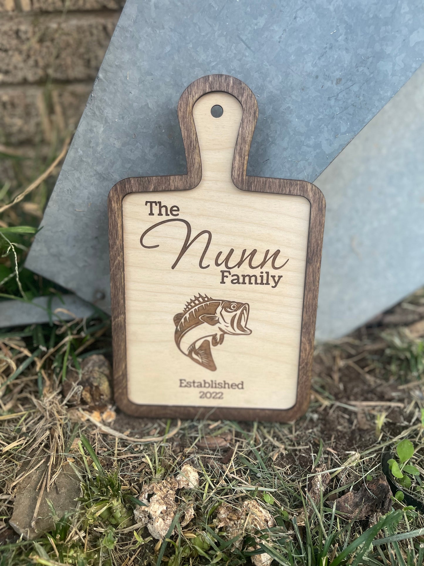 Personalized Fish Cutting Board Sign | Custom Family Name & Year | Bass Silhouette | Engraved Wooden Sign | Rustic Kitchen Decor | Wedding & Housewarming Gift