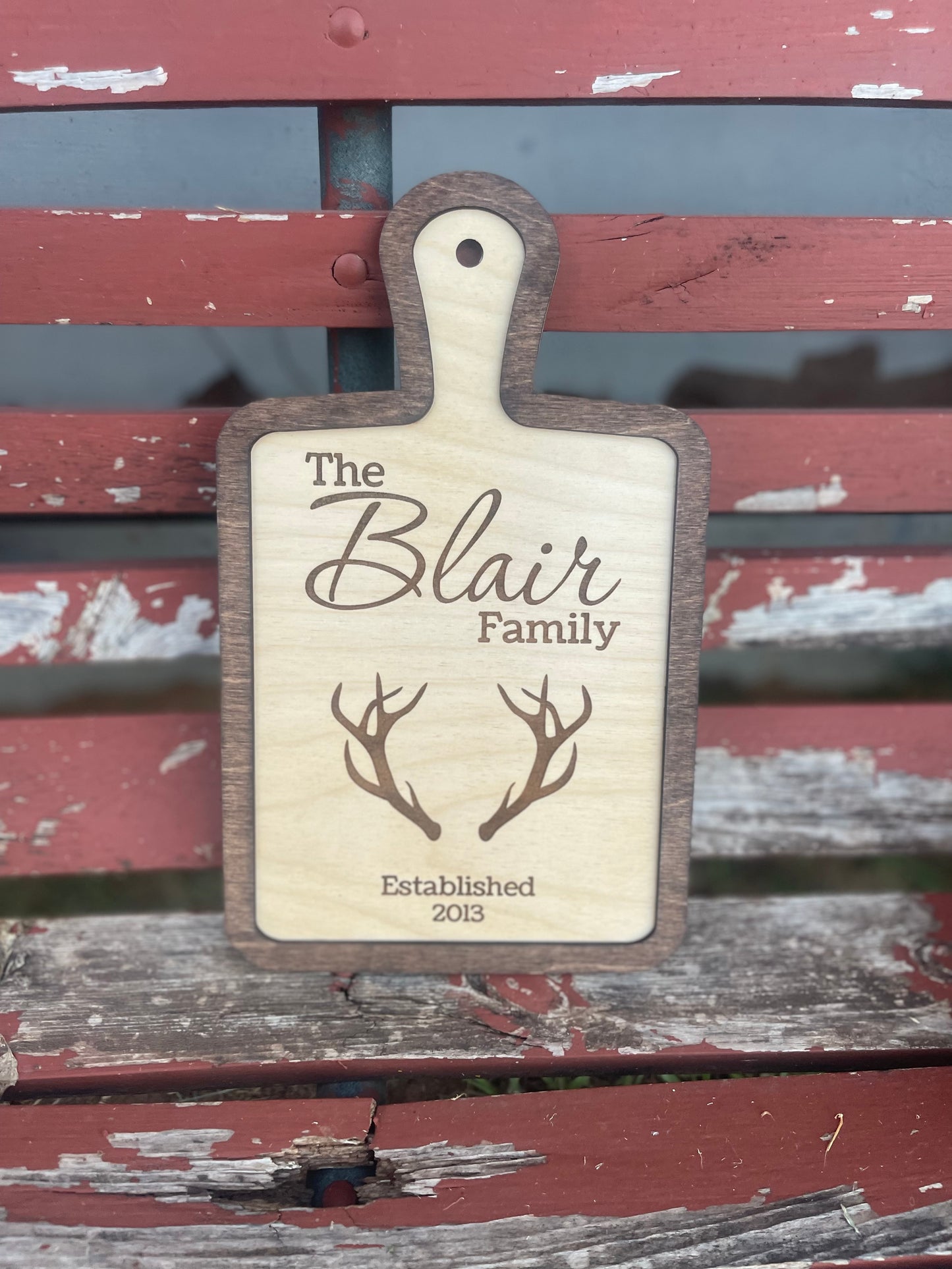 Hunter Custom Family Name and Year with Deer Antler Cutting Board Style Sign | Farmhouse & Country Kitchen Decor |