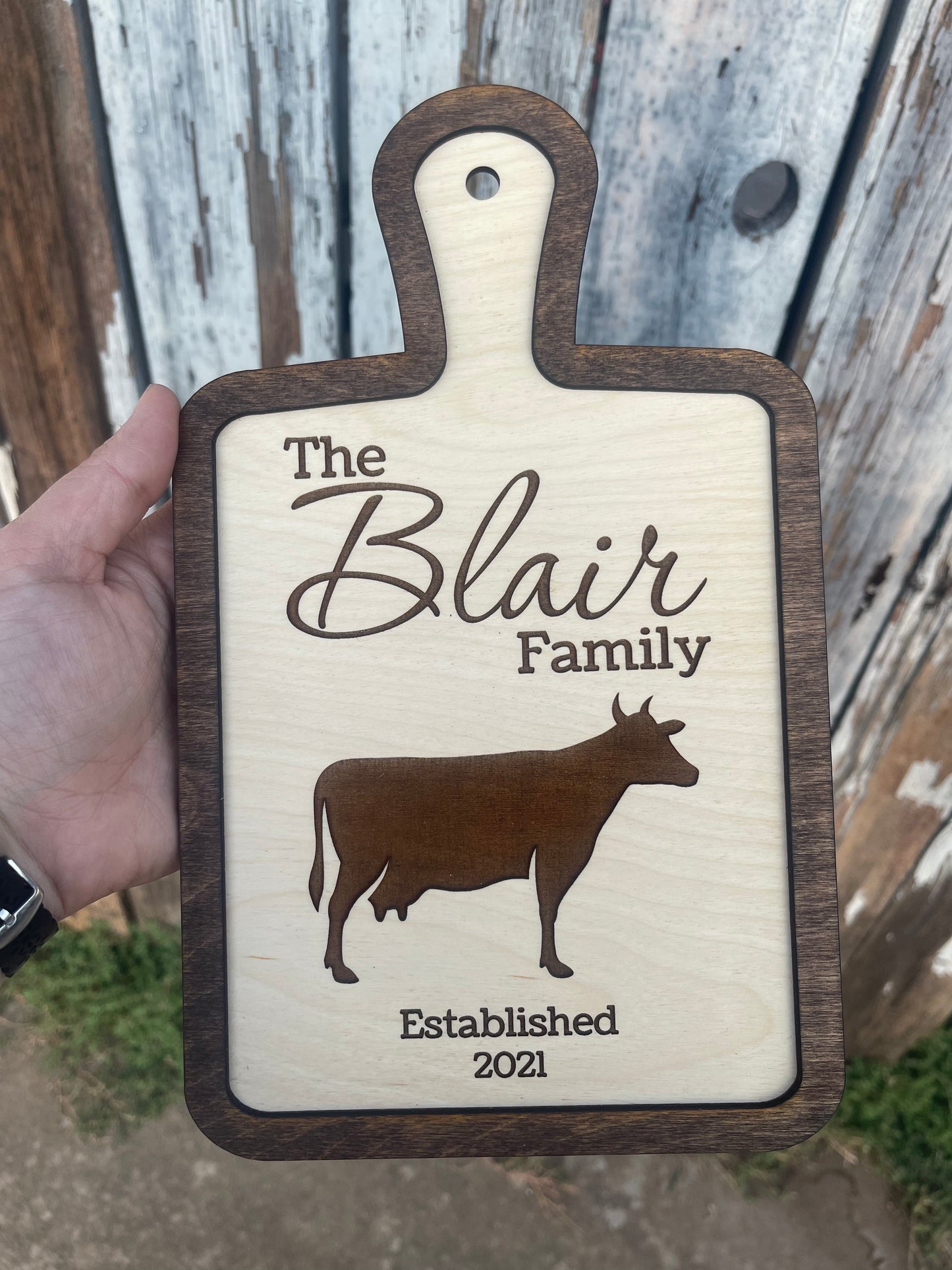 Custom Cutting Board Style Cow Farmhouse Sign with Family Name | Personalized Wedding, Bridal Shower, & Housewarming Gift