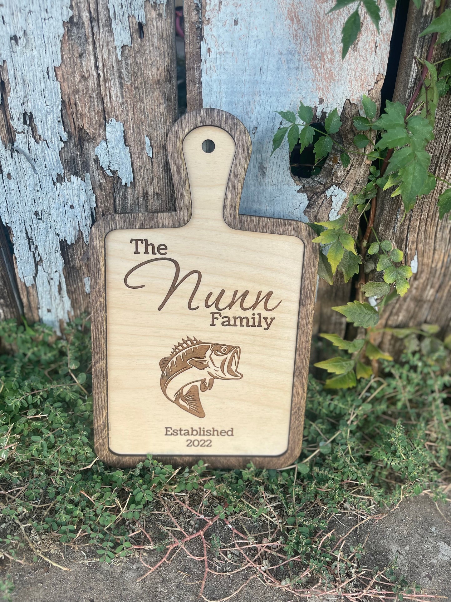 Personalized Fish Cutting Board Sign | Custom Family Name & Year | Bass Silhouette | Engraved Wooden Sign | Rustic Kitchen Decor | Wedding & Housewarming Gift