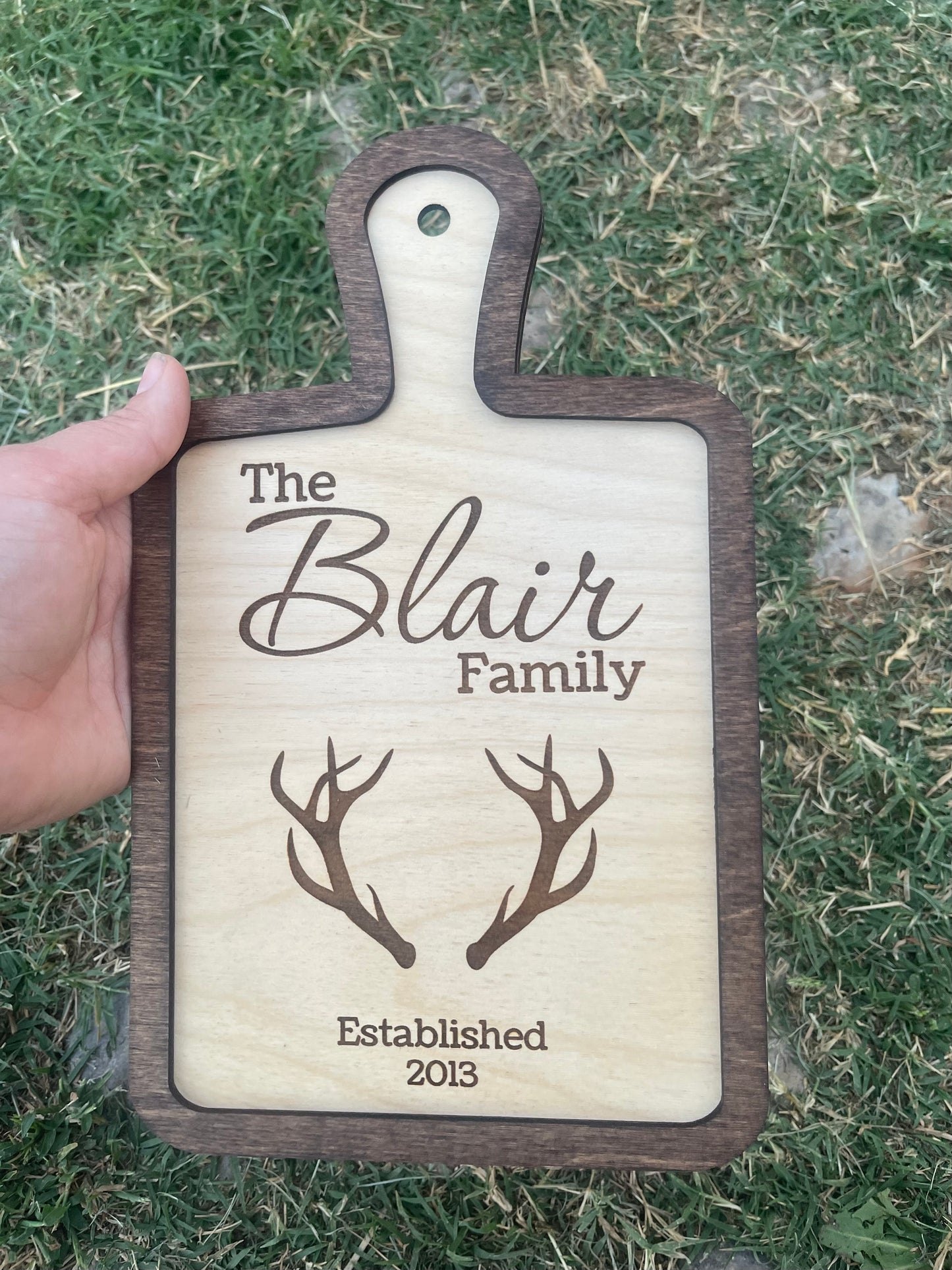 Hunter Custom Family Name and Year with Deer Antler Cutting Board Style Sign | Farmhouse & Country Kitchen Decor |