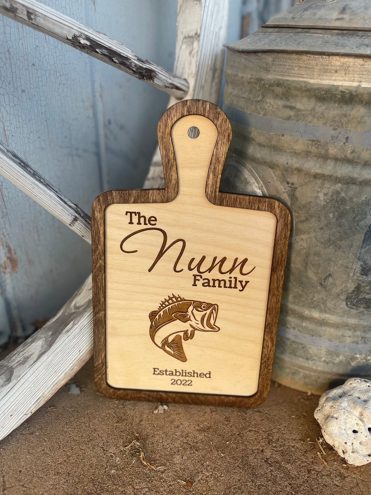 Personalized Fish Cutting Board Sign | Custom Family Name & Year | Bass Silhouette | Engraved Wooden Sign | Rustic Kitchen Decor | Wedding & Housewarming Gift