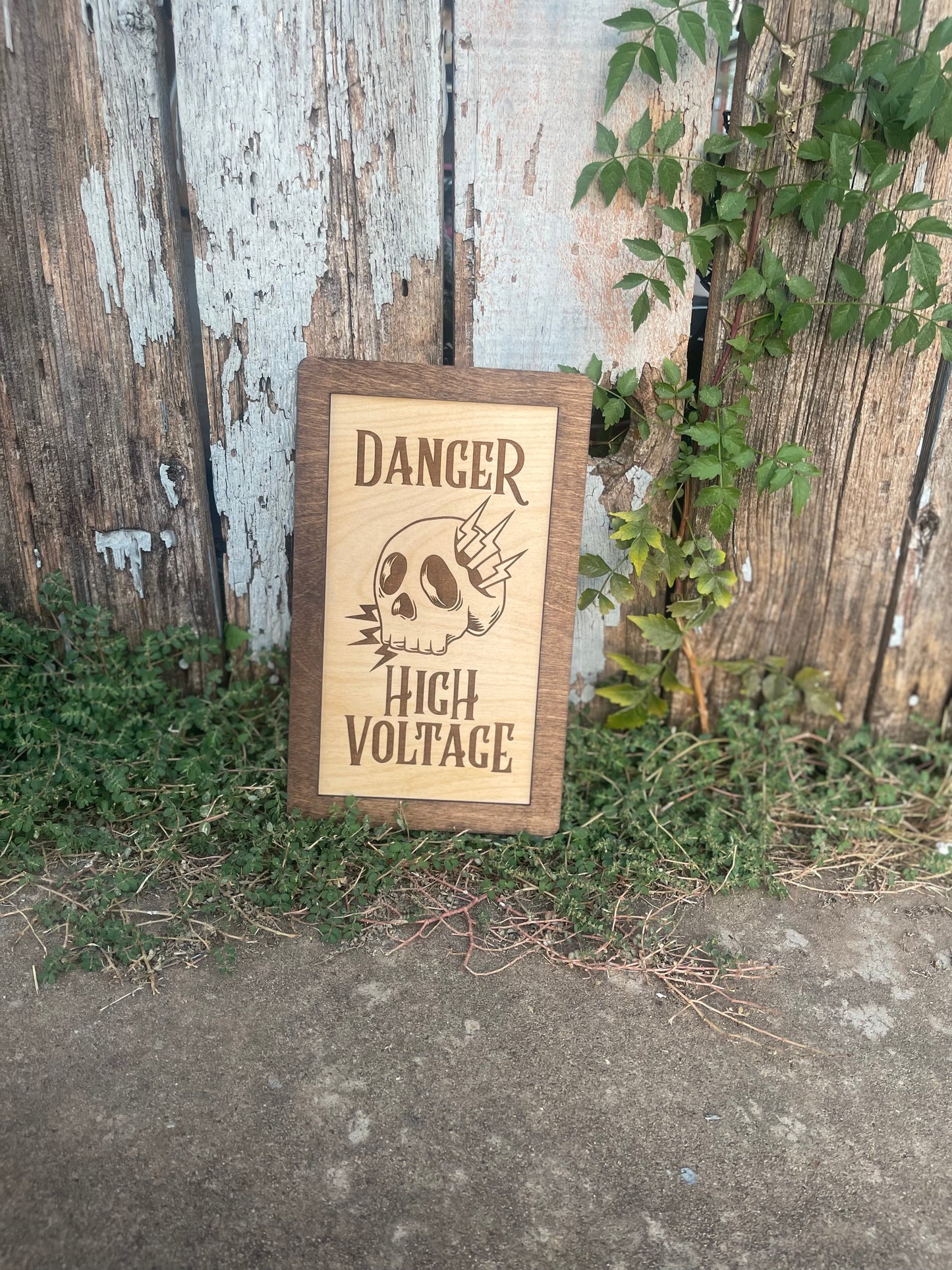 Danger High Voltage Skull Wood Engraved Sign with Electrical Lightning Bolts | Lineman Decor & Gifts