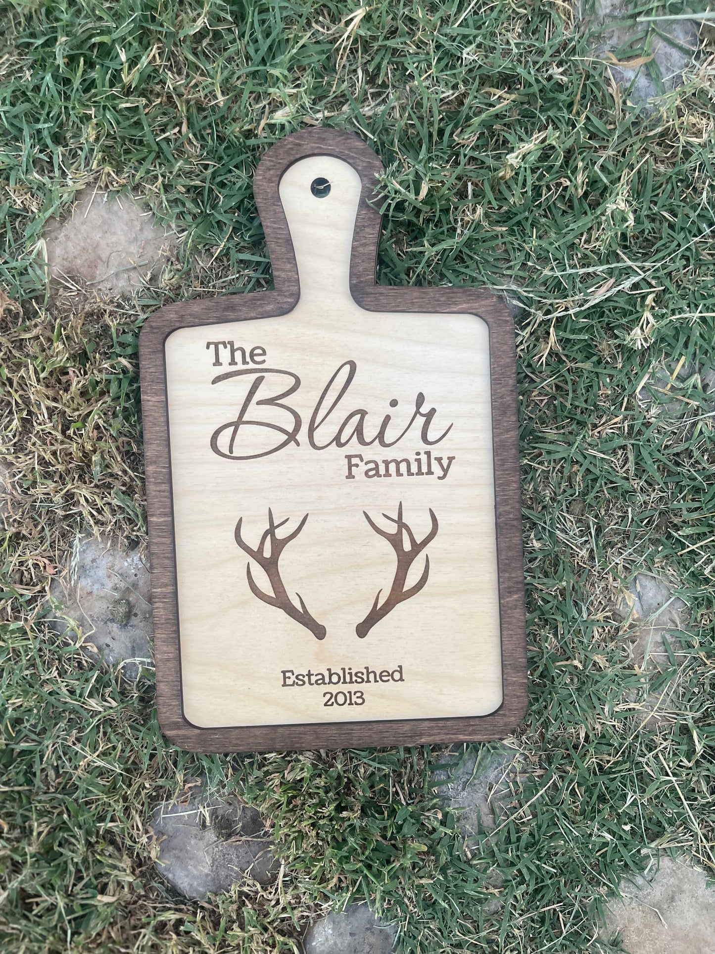 Hunter Custom Family Name and Year with Deer Antler Cutting Board Style Sign | Farmhouse & Country Kitchen Decor |