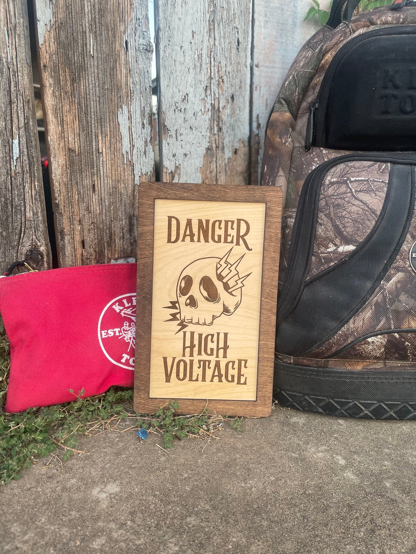 Danger High Voltage Skull Wood Engraved Sign with Electrical Lightning Bolts | Lineman Decor & Gifts