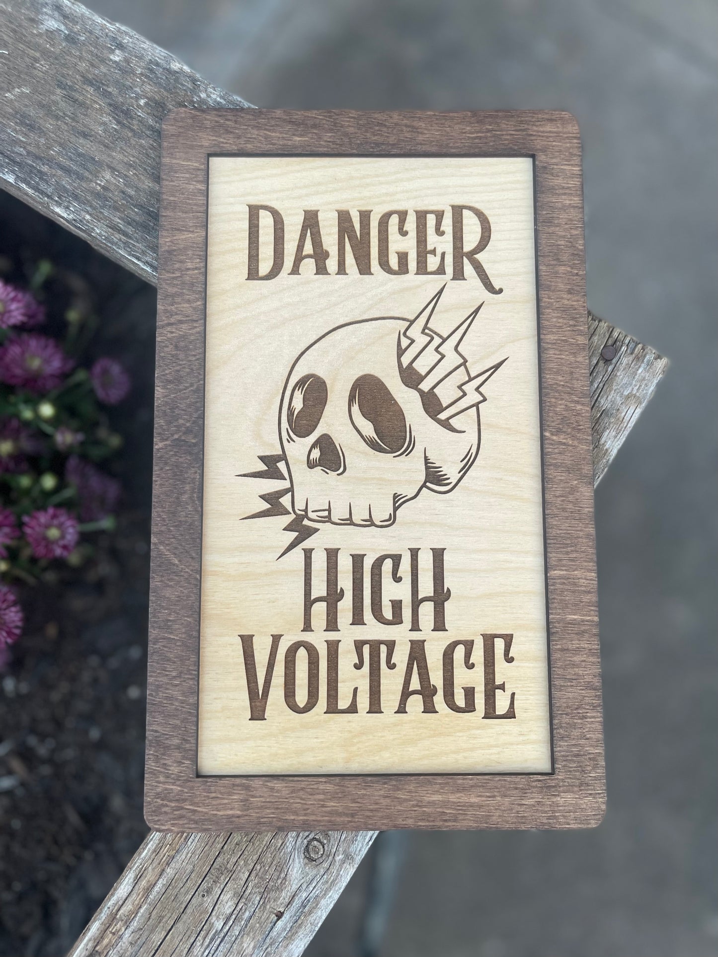 Danger High Voltage Skull Wood Engraved Sign with Electrical Lightning Bolts | Lineman Decor & Gifts