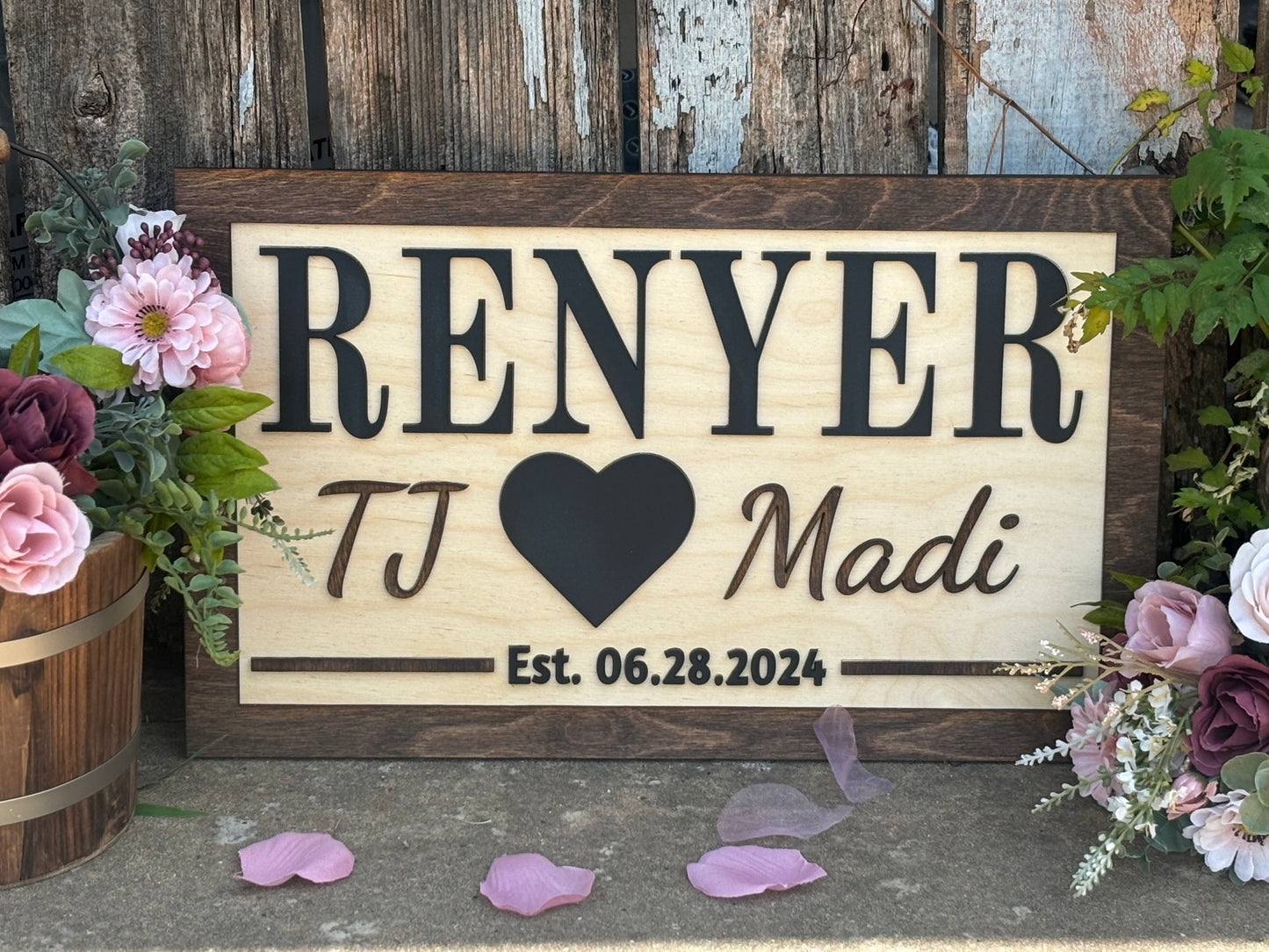 Personalized Wedding Heart Sign | Custom Last Name & Anniversary Gift | Rustic Wood Engraved Couples Reception Decor