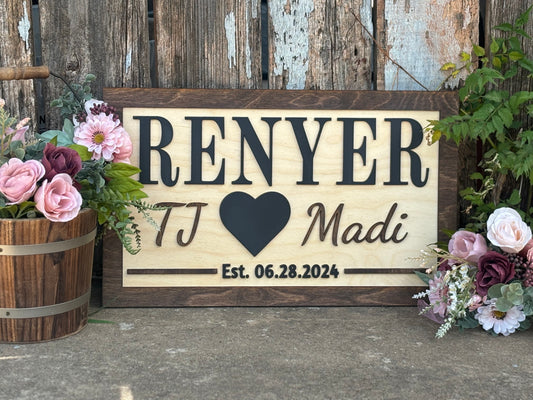 Personalized Wedding Heart Sign | Custom Last Name & Anniversary Gift | Rustic Wood Engraved Couples Reception Decor