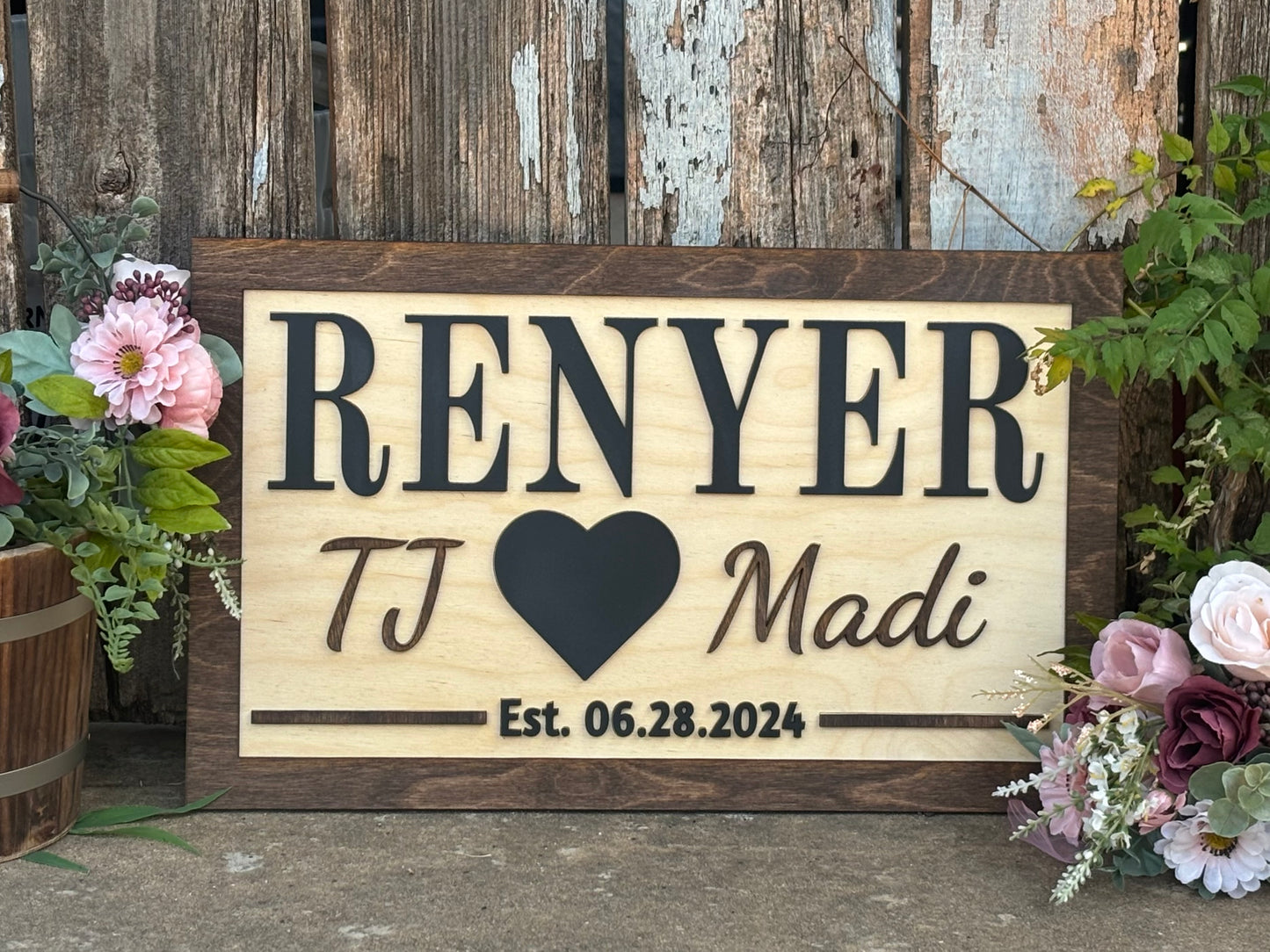 Personalized Wedding Heart Sign | Custom Last Name & Anniversary Gift | Rustic Wood Engraved Couples Reception Decor