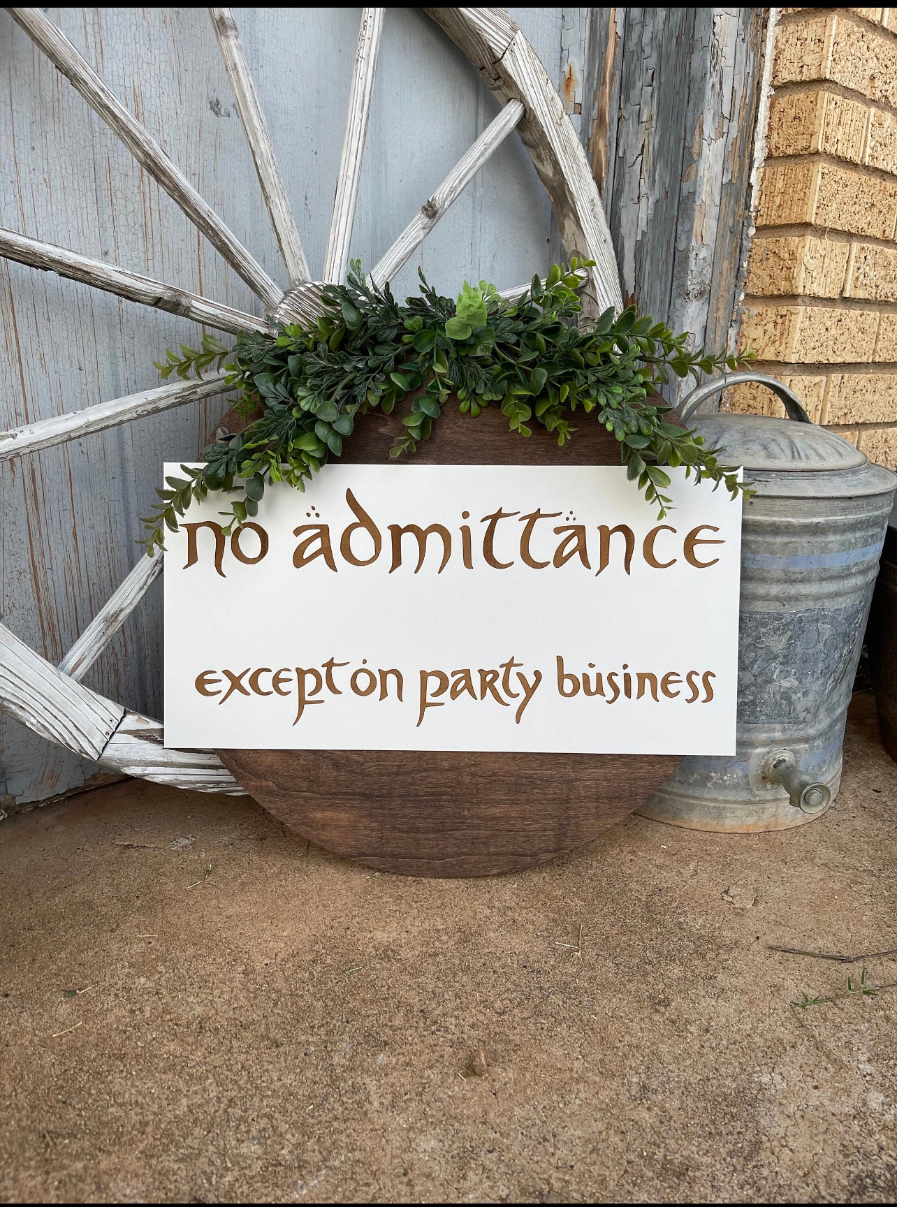 No Admittance Except On Party Business Door Hanger | Wood Engraved Fantasy Ring & Shire Wreath