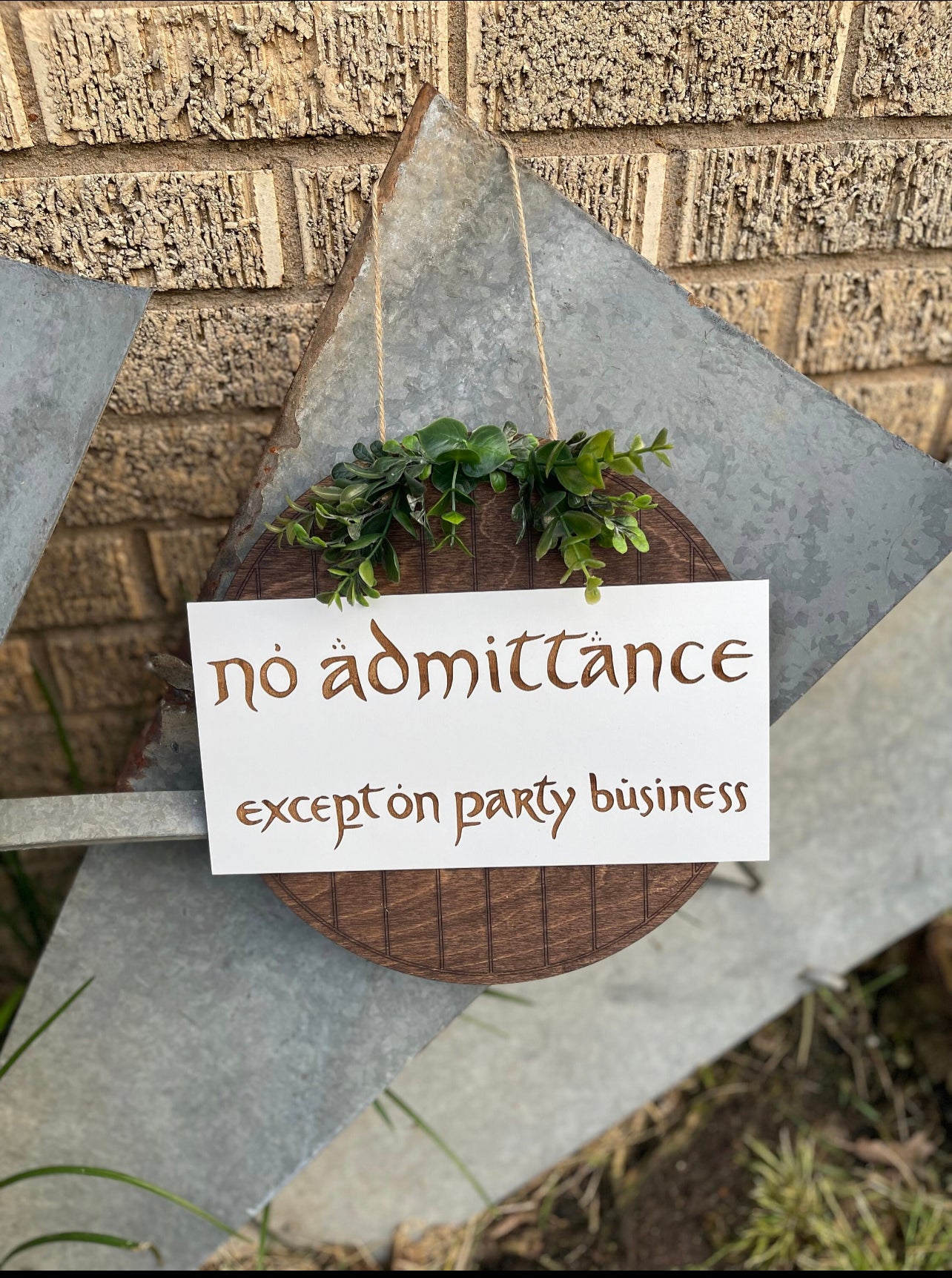 No Admittance Except On Party Business Door Hanger | Wood Engraved Fantasy Ring & Shire Wreath