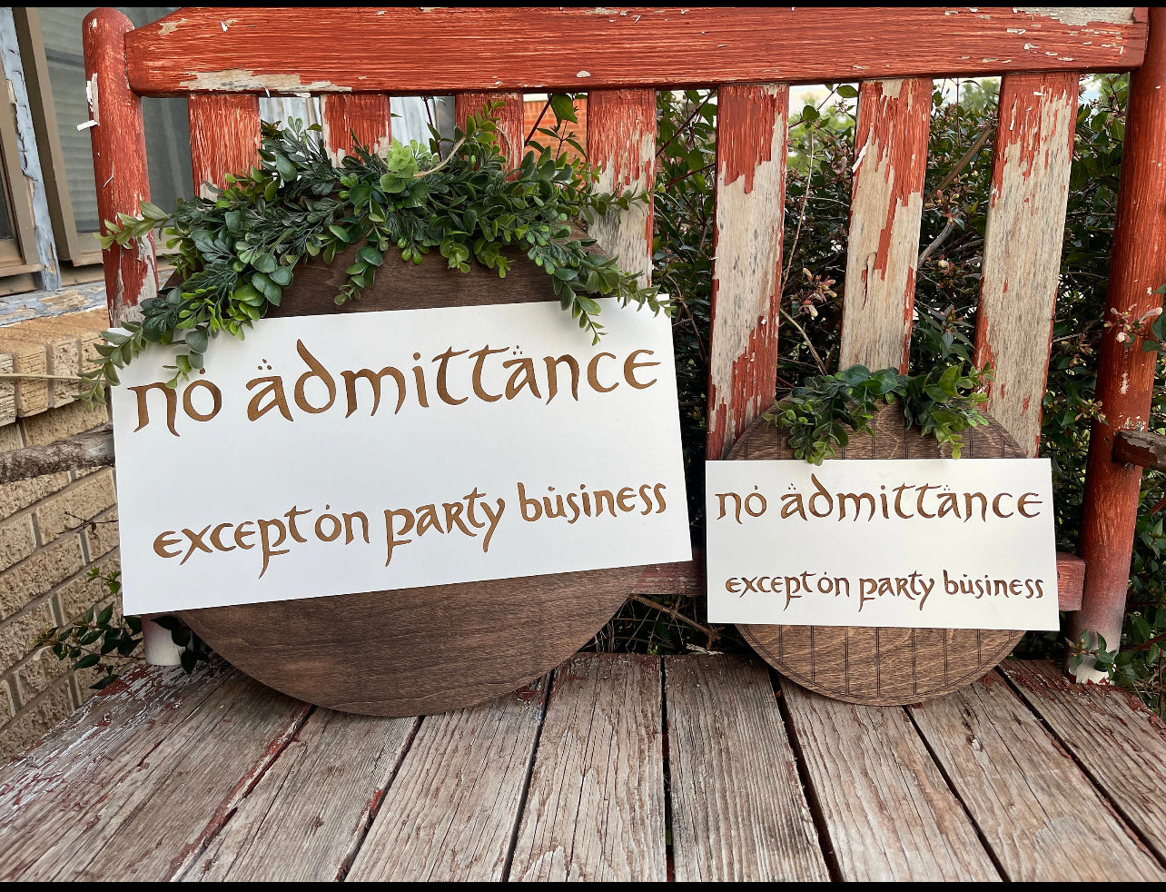 No Admittance Except On Party Business Door Hanger | Wood Engraved Fantasy Ring & Shire Wreath