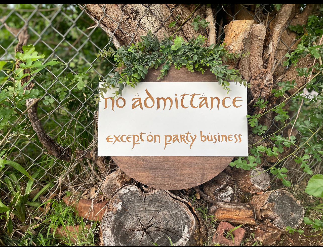 No Admittance Except On Party Business Door Hanger | Wood Engraved Fantasy Ring & Shire Wreath