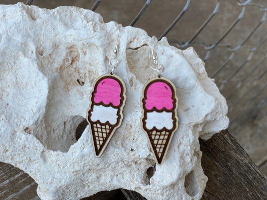 Ice Cream Cone Dangle Earrings – Wood Engraved & Hand-Painted | Customizable Sweet Treat Jewelry