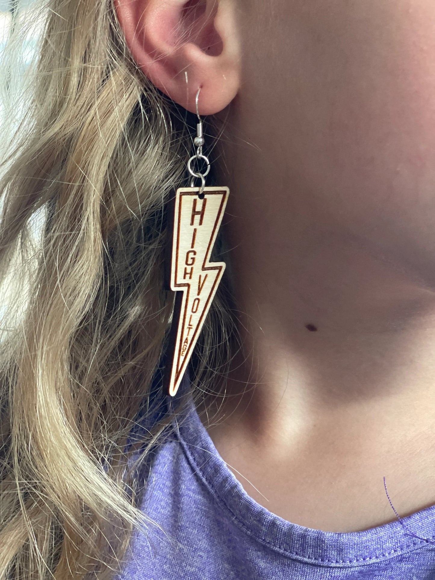 High Voltage Wood Engraved Dangle Earrings | Electrical Danger Earrings | Line Wife Jewelry