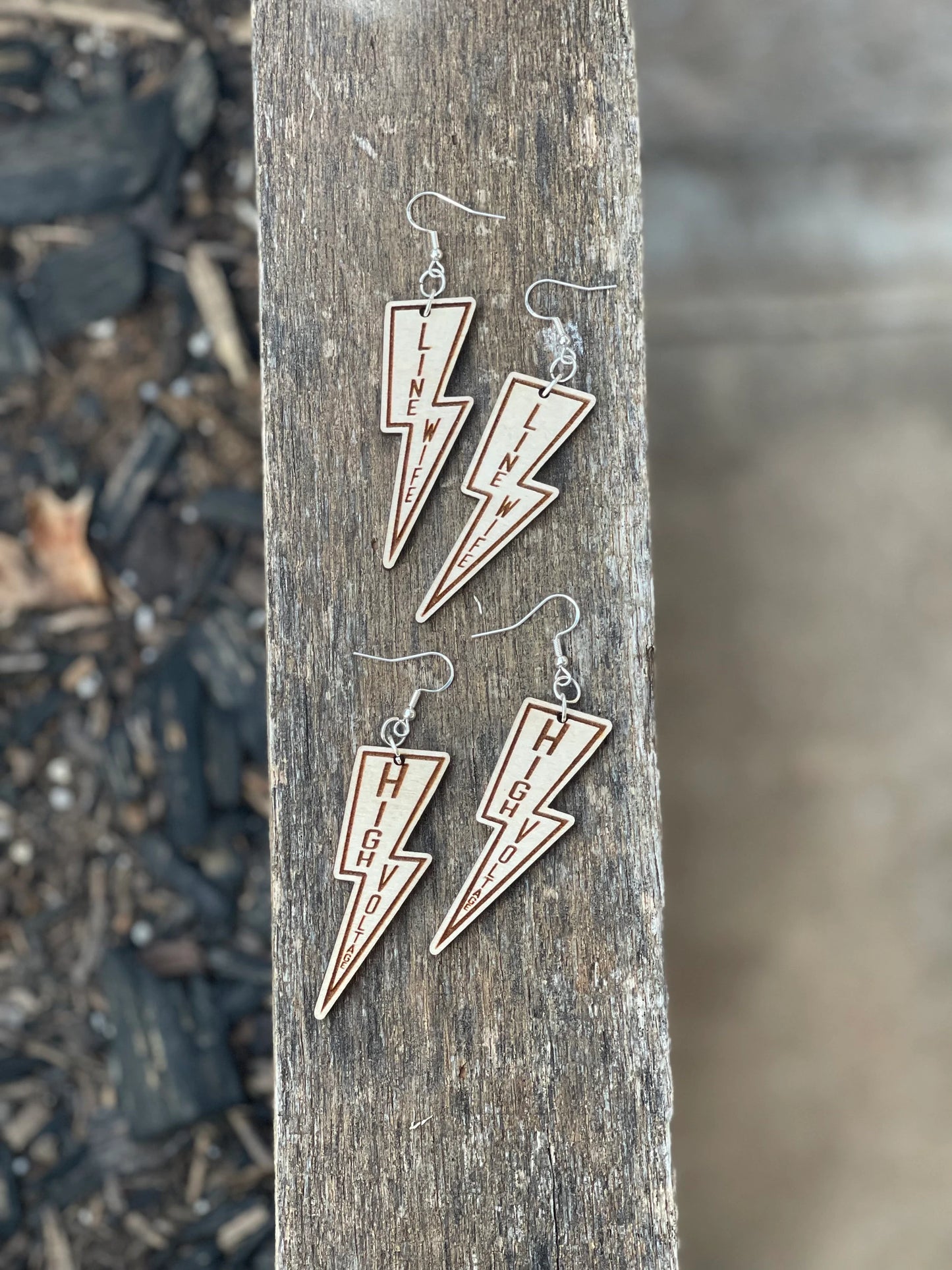 High Voltage Wood Engraved Dangle Earrings | Electrical Danger Earrings | Line Wife Jewelry