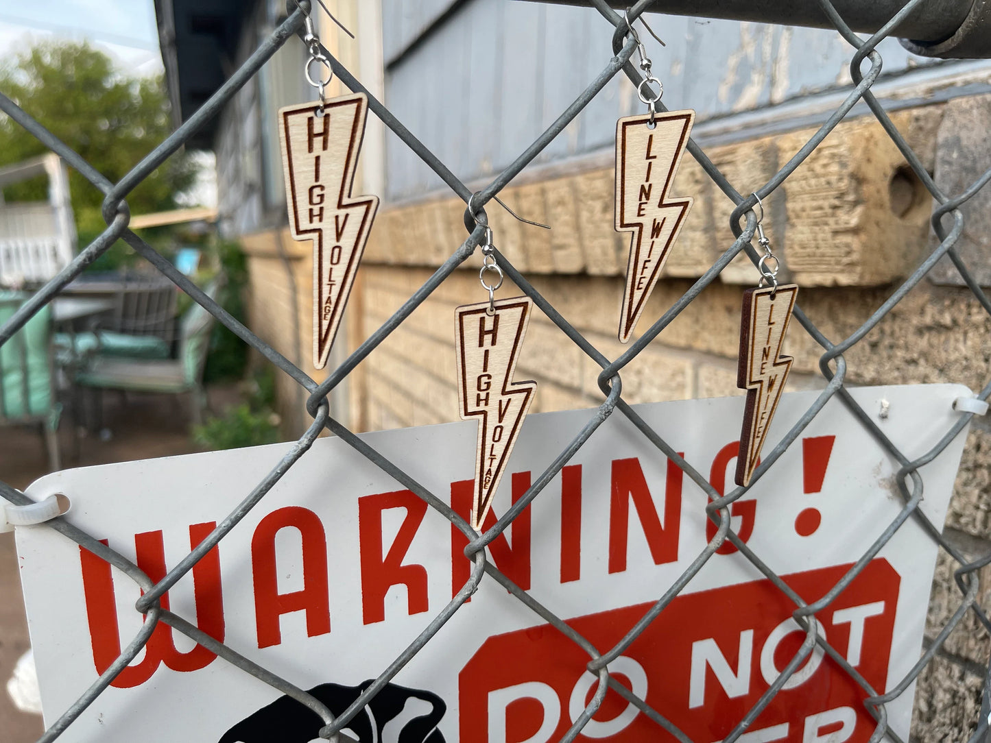 High Voltage Wood Engraved Dangle Earrings | Electrical Danger Earrings | Line Wife Jewelry