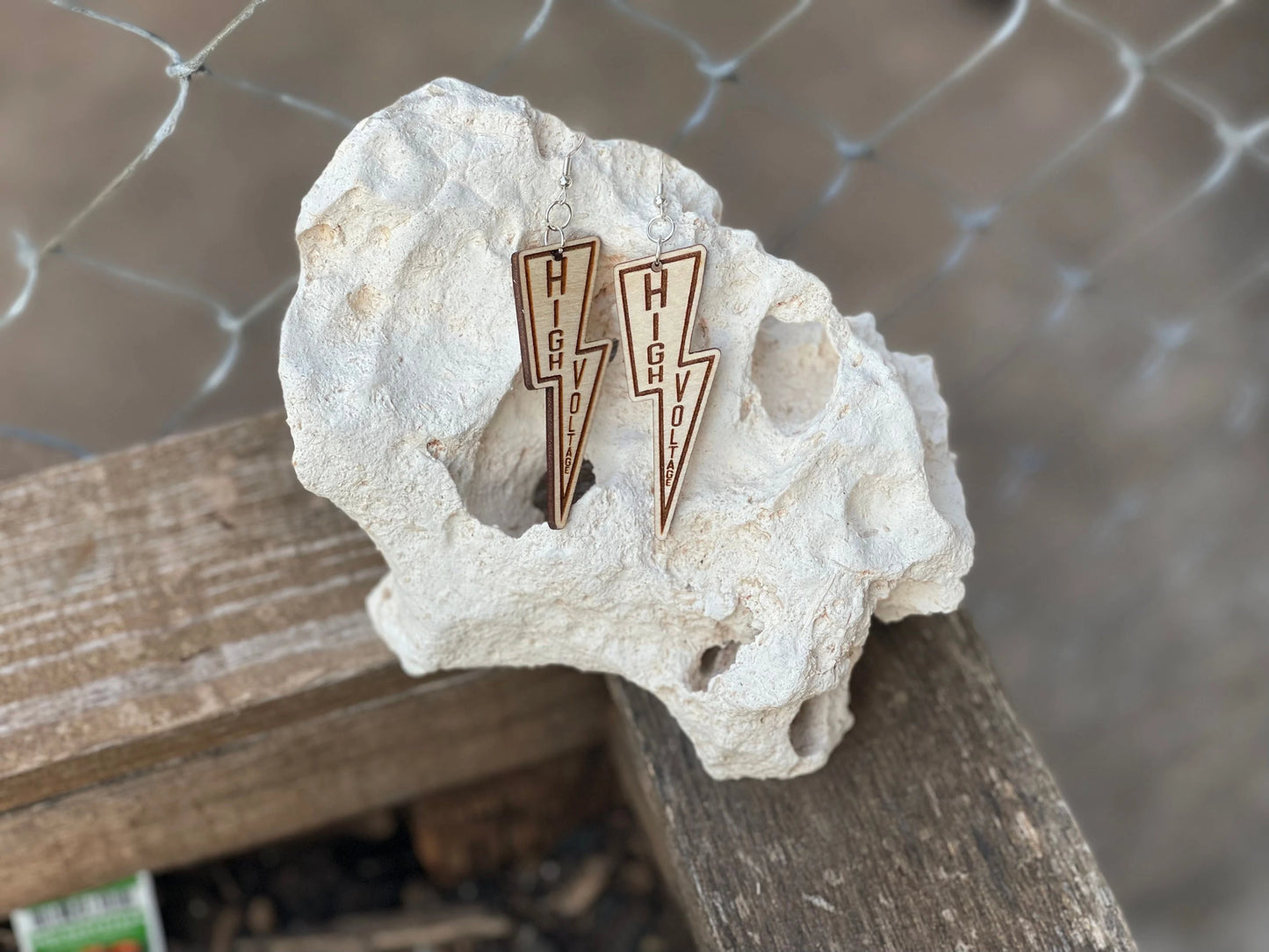 High Voltage Wood Engraved Dangle Earrings | Electrical Danger Earrings | Line Wife Jewelry