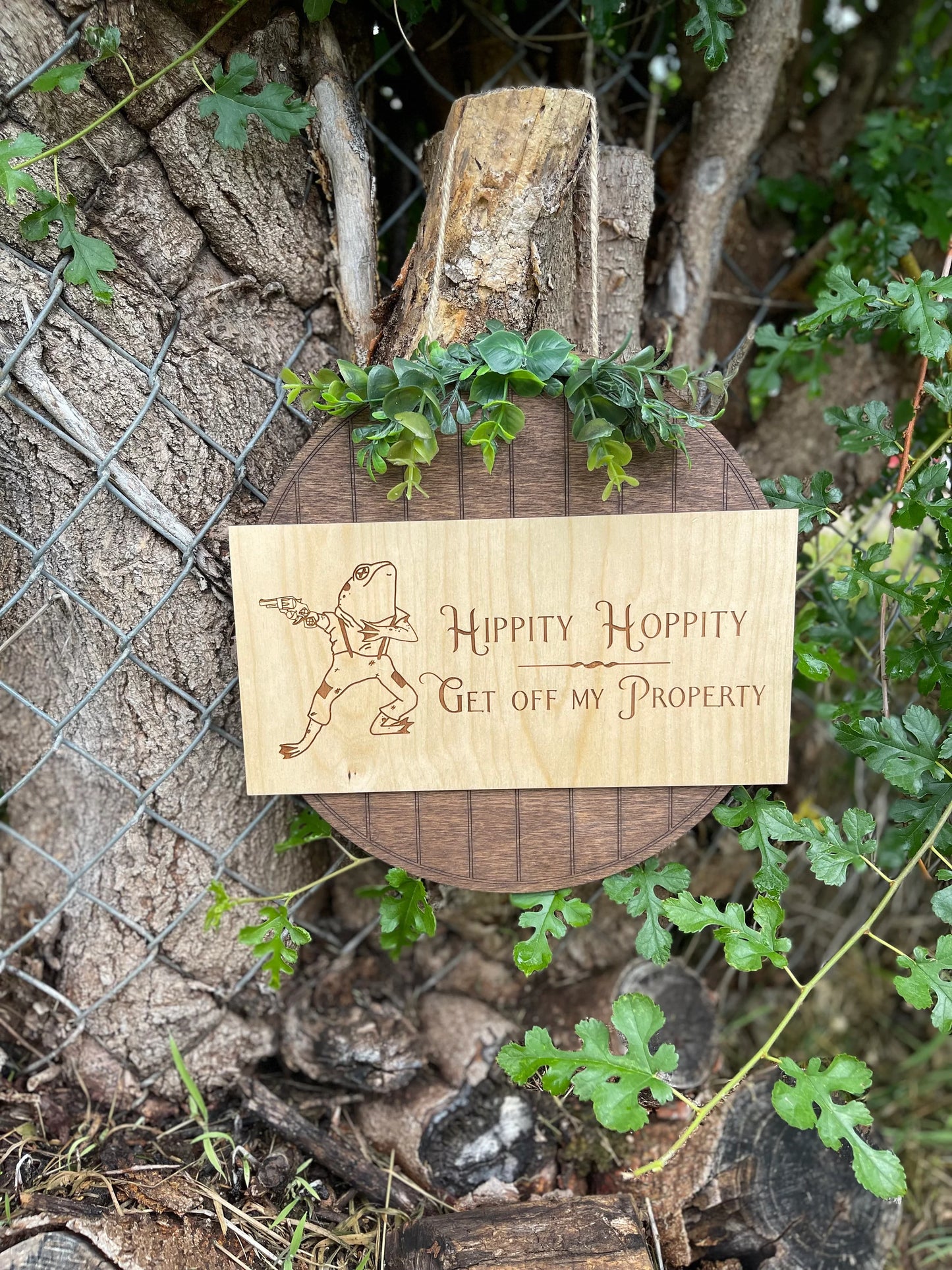 Hippity Hoppity Get Off My Property Door Hanger with Greenery | Funny Frog Welcome Sign | Wood Engraved Front Door Decor