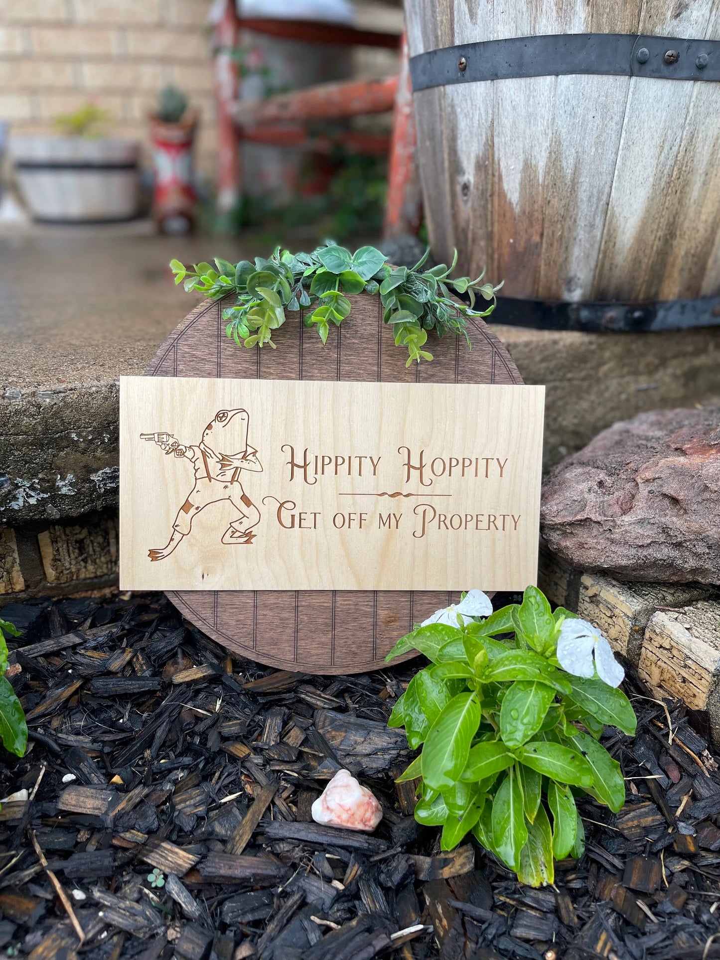 Hippity Hoppity Get Off My Property Door Hanger with Greenery | Funny Frog Welcome Sign | Wood Engraved Front Door Decor