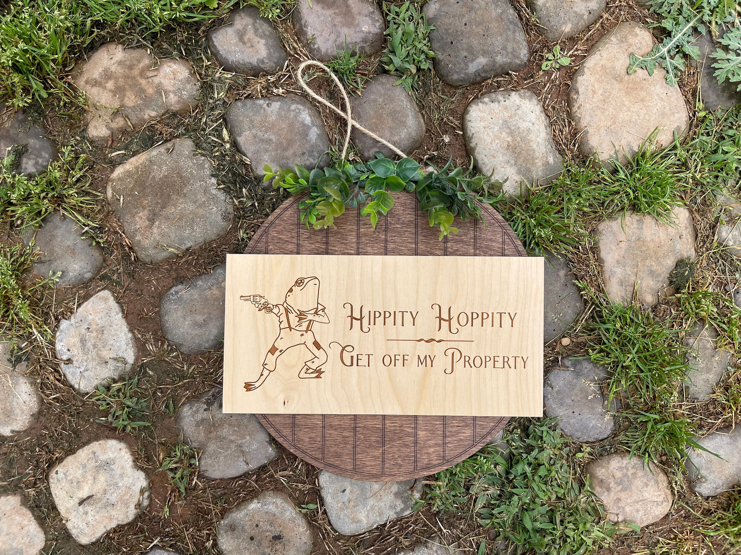 Hippity Hoppity Get Off My Property Door Hanger with Greenery | Funny Frog Welcome Sign | Wood Engraved Front Door Decor