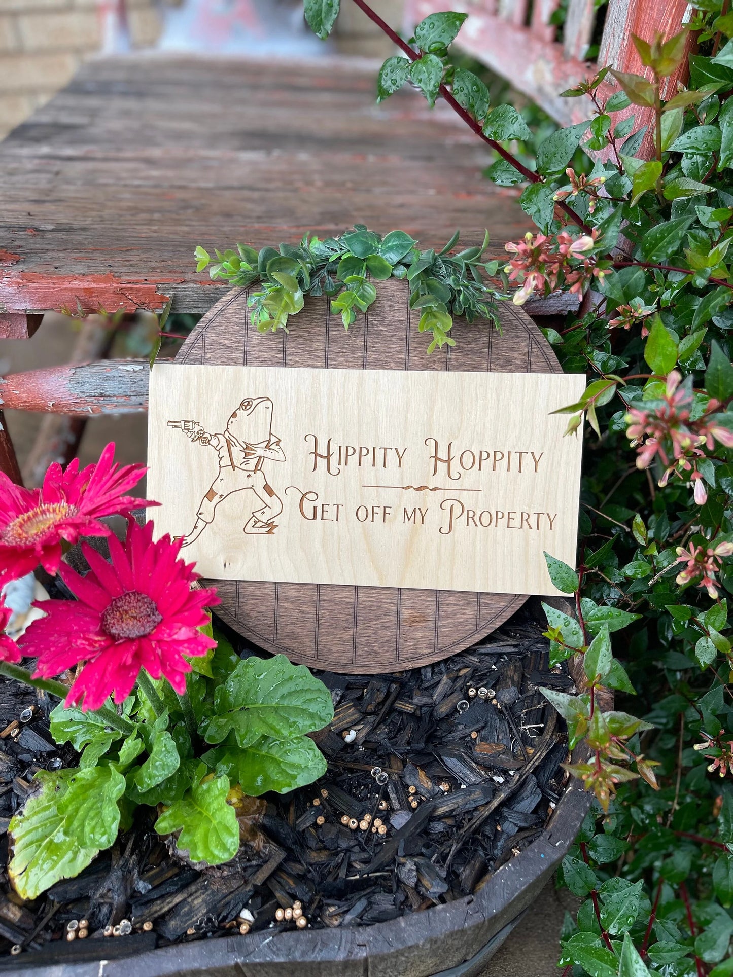 Hippity Hoppity Get Off My Property Door Hanger with Greenery | Funny Frog Welcome Sign | Wood Engraved Front Door Decor