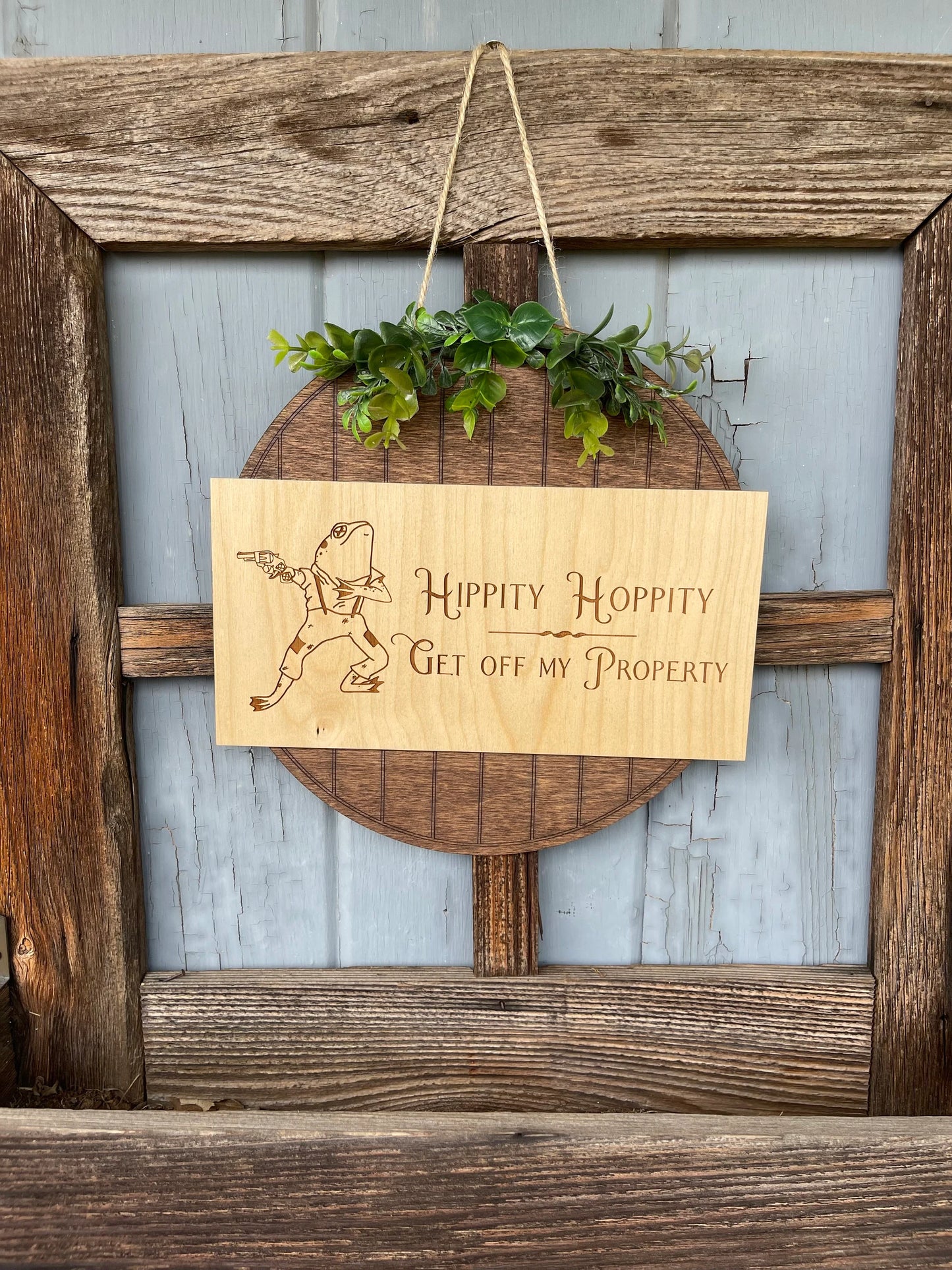 Hippity Hoppity Get Off My Property Door Hanger with Greenery | Funny Frog Welcome Sign | Wood Engraved Front Door Decor