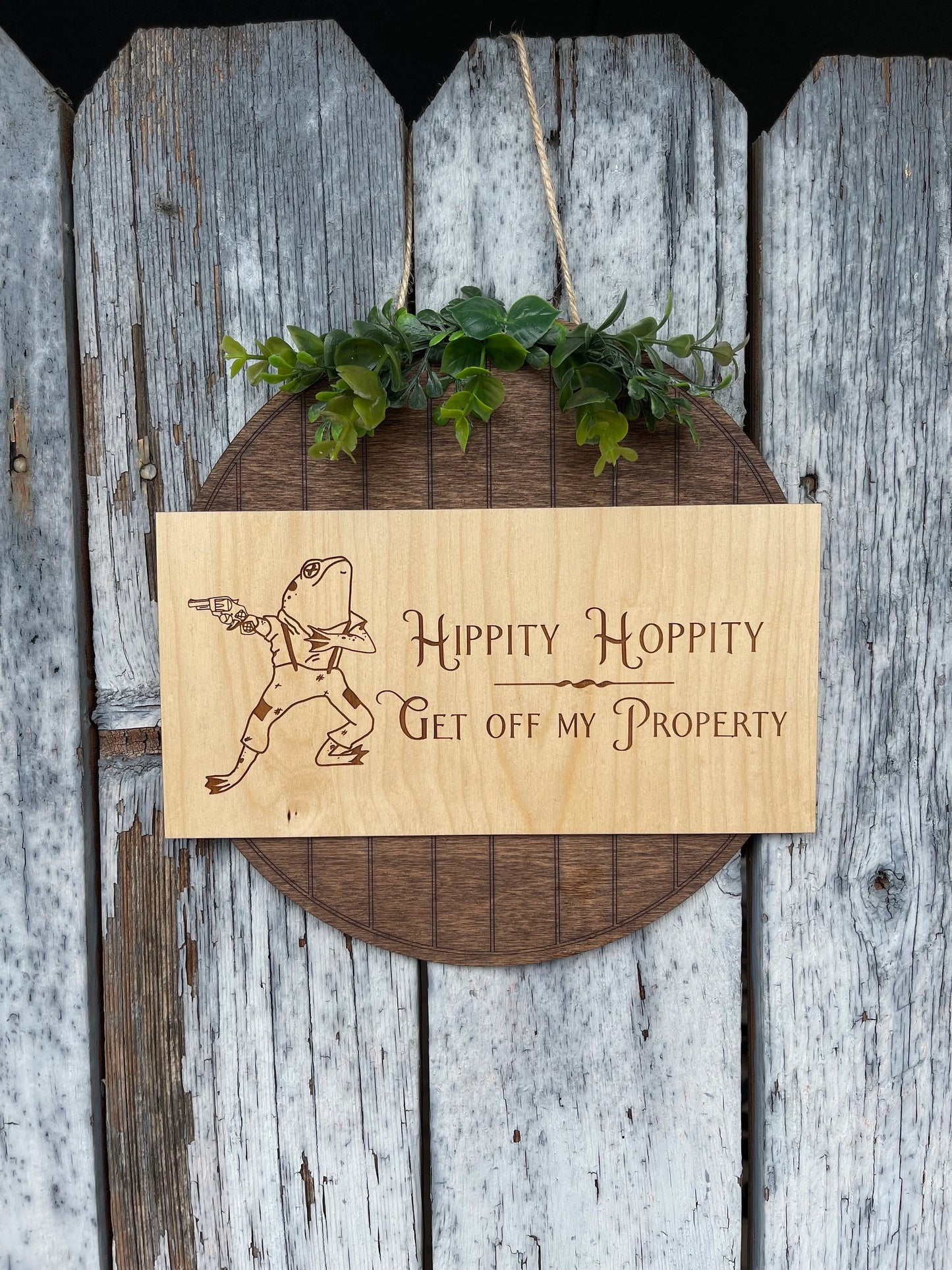 Hippity Hoppity Get Off My Property Door Hanger with Greenery | Funny Frog Welcome Sign | Wood Engraved Front Door Decor