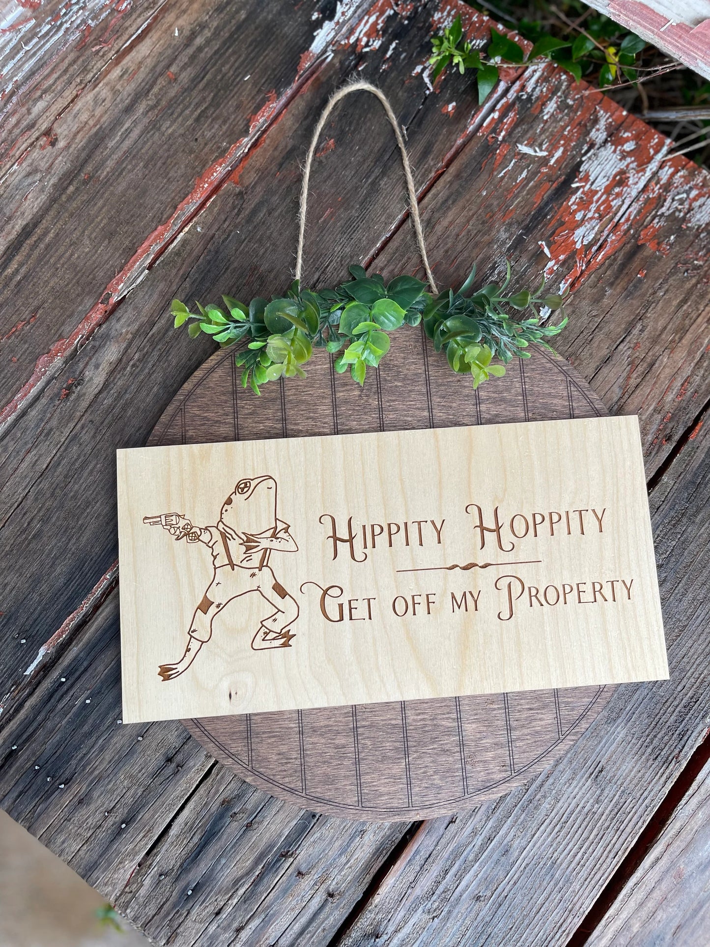 Hippity Hoppity Get Off My Property Door Hanger with Greenery | Funny Frog Welcome Sign | Wood Engraved Front Door Decor