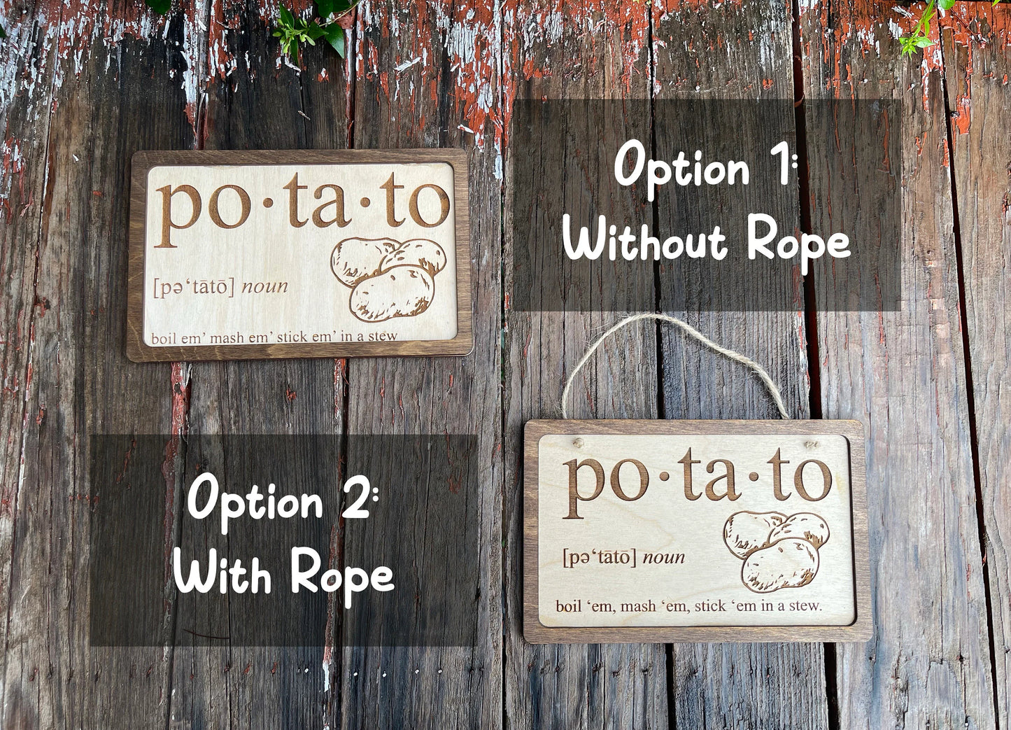 Po-Ta-Toes Boil Mash Stew Wood Engraved Sign | Personalized Fantasy Ring Decor Kitchen | Wedding & Anniversary Gift