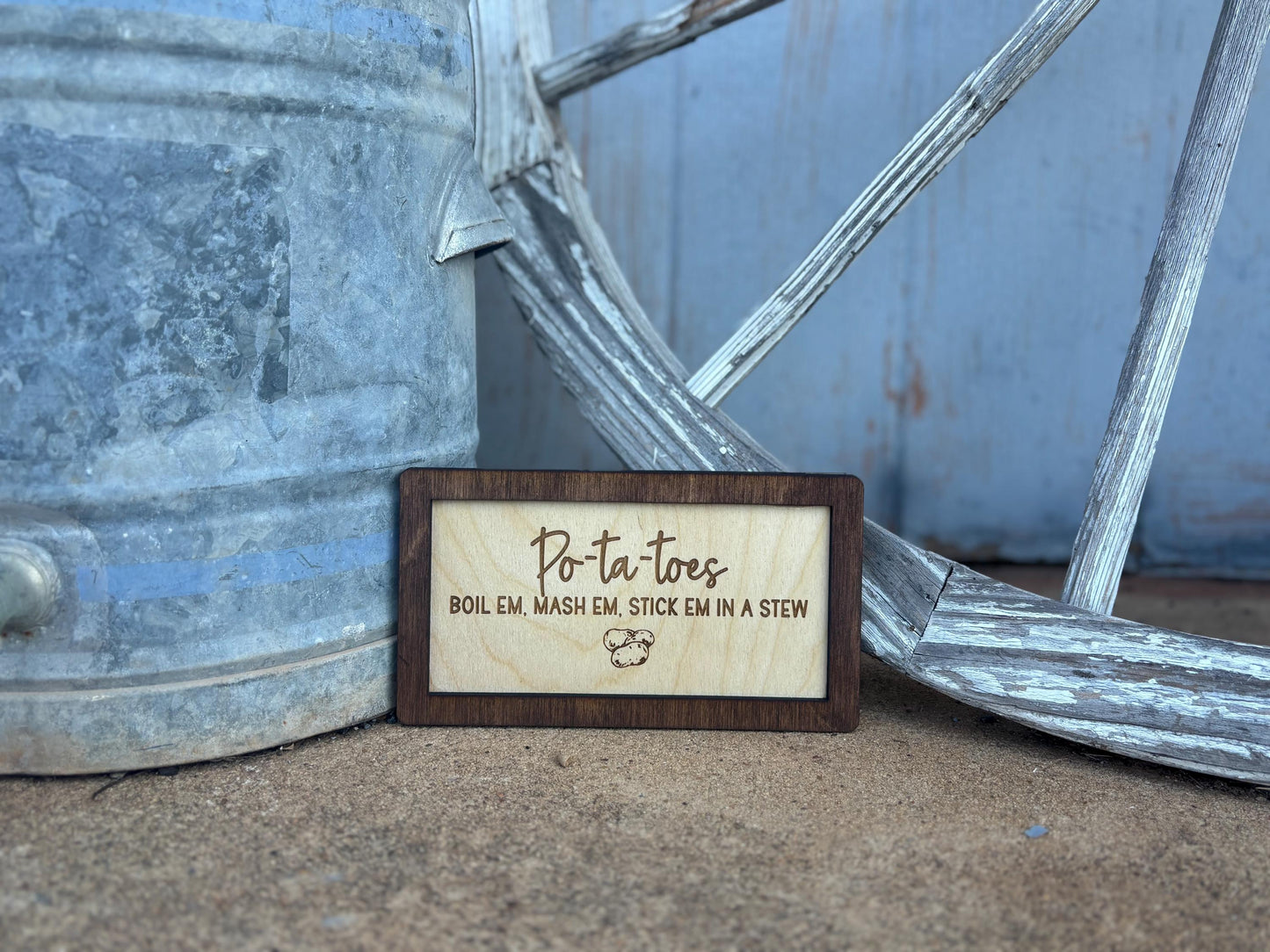 Po-Ta-Toes Boil Mash Stew Wood Engraved Sign | Personalized Fantasy Ring Decor Kitchen | Wedding & Anniversary Gift