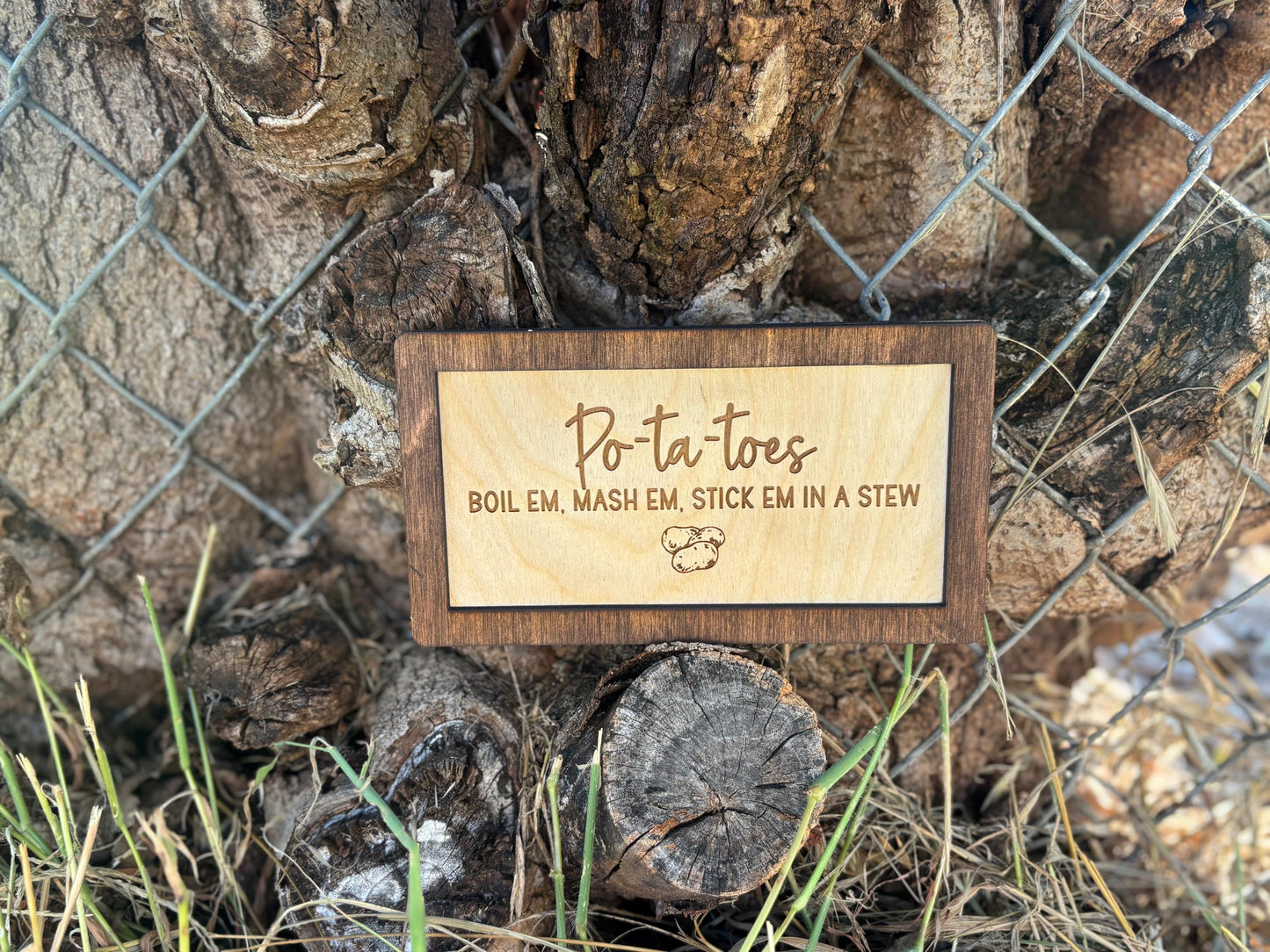 Po-Ta-Toes Boil Mash Stew Wood Engraved Sign | Personalized Fantasy Ring Decor Kitchen | Wedding & Anniversary Gift