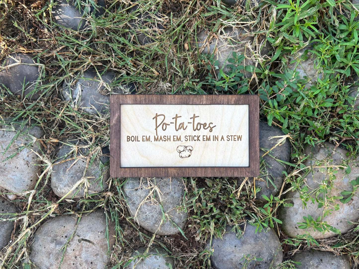 Po-Ta-Toes Boil Mash Stew Wood Engraved Sign | Personalized Fantasy Ring Decor Kitchen | Wedding & Anniversary Gift